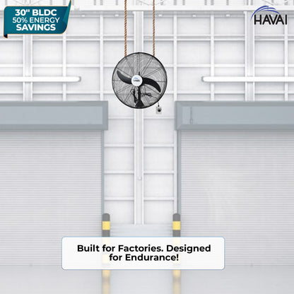Havai BLDC Wall Mount Fan 30 Inch, 50% Savings On Electricity, High Velocity, Heavy Duty Metal For Industrial, Commercial And Residential Use, Assembly Included , Black