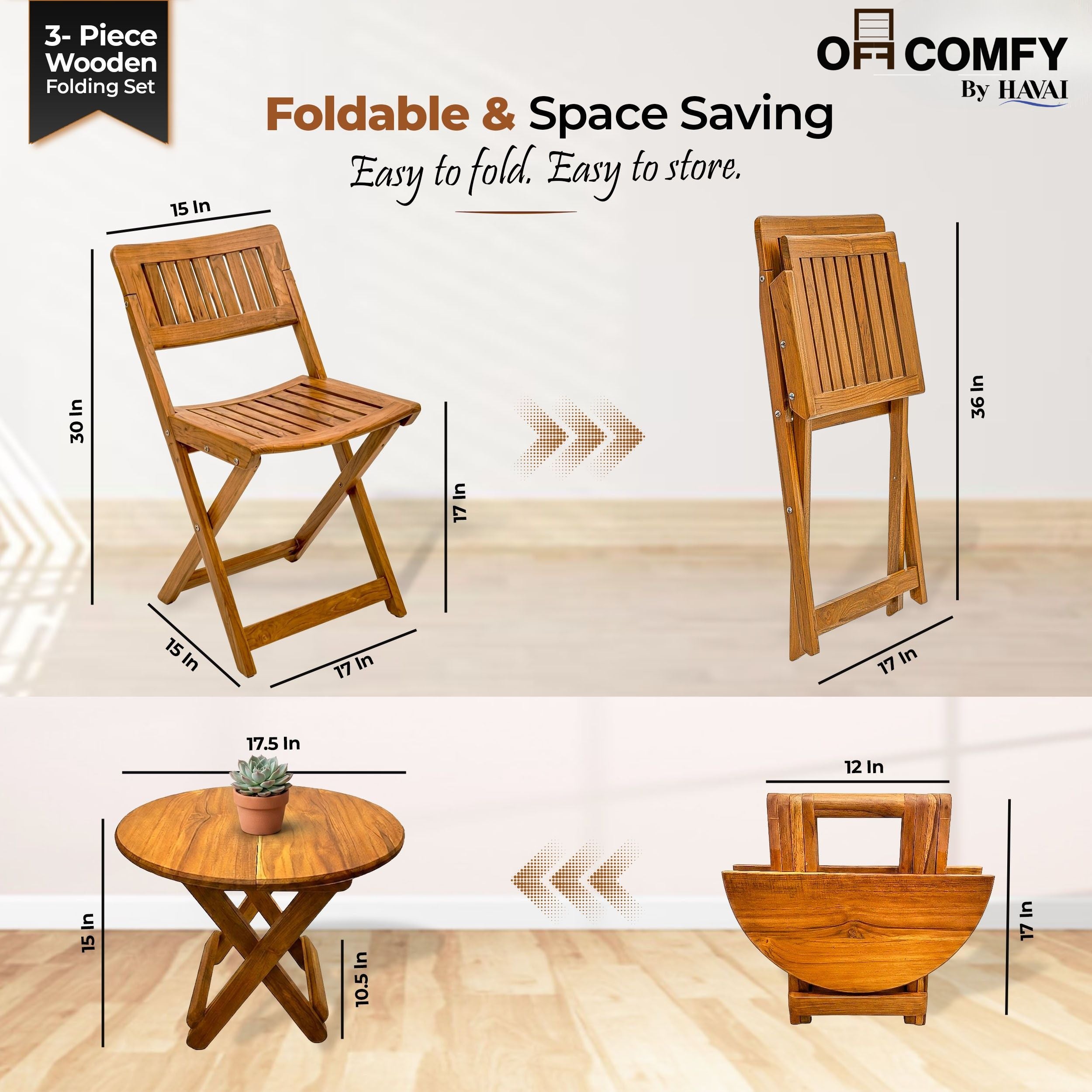 HAVAI Teakwood Foldable Balcony Furniture Set | 2 Chairs &amp; 1 Table | Premium Solid Teak Wood Outdoor Patio Set | Garden, Balcony, Terrace &amp; Cafe Furniture | Pre-Assembled Natural Wood Finish (BROWN)