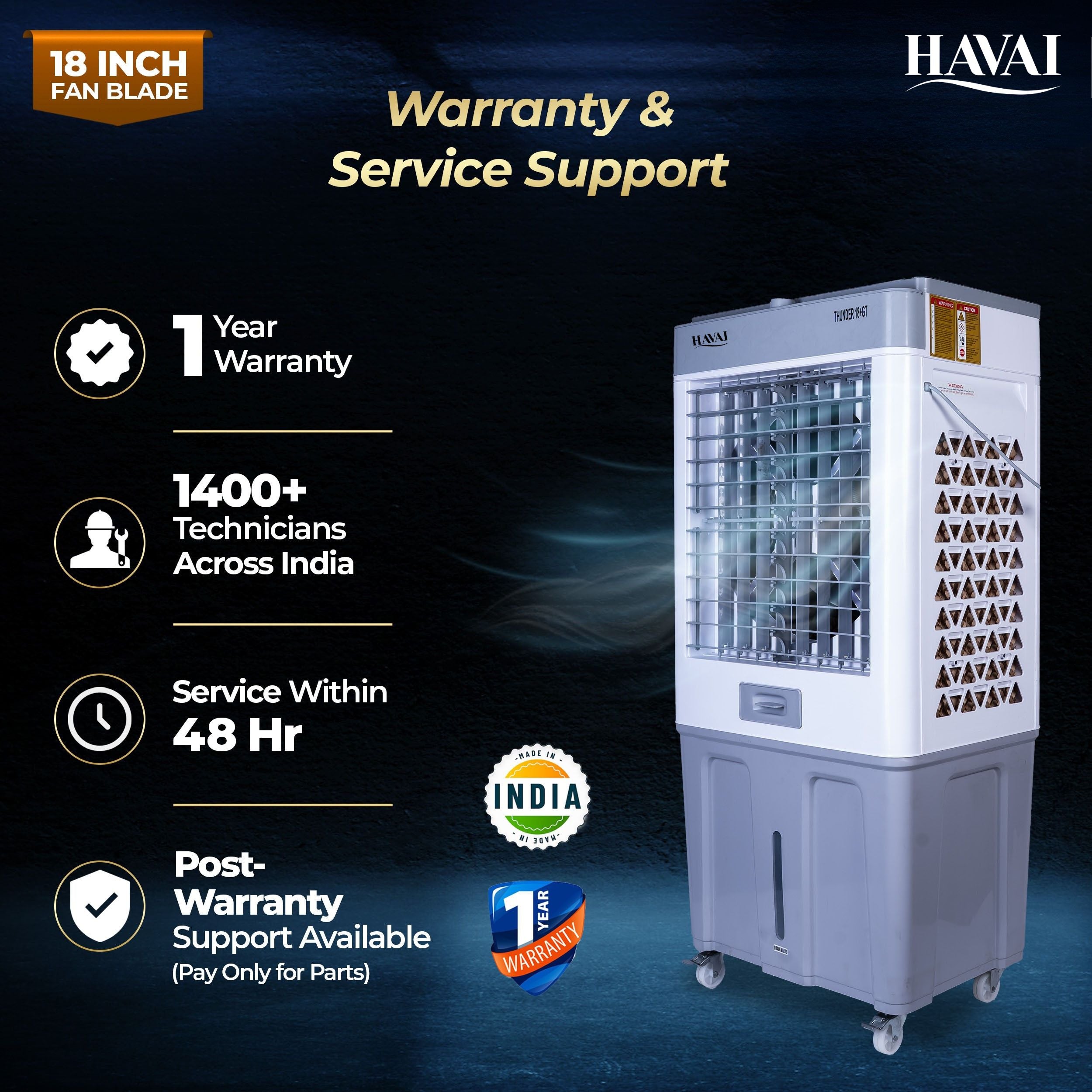 HAVAI Thunder 18+ GT Desert Cooler | 18” Aluminium Blade | 100L Tank | 3-Side Honeycomb Pads | 20 Ft Air Throw | Heavy-Duty 110mm Motor | Auto Swing | White &amp; Grey
