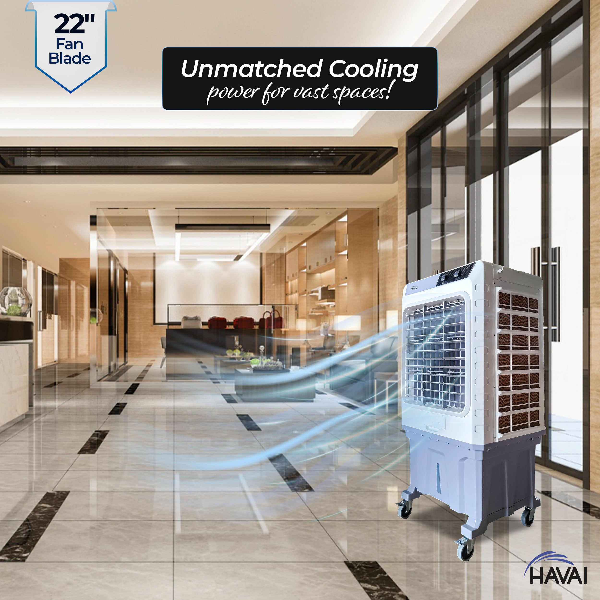 HAVAI Cyclone 24 Desert Air Cooler | 24&quot; Fan Blade | 150L Tank Capacity | 400W High-Performance Cooling | 750 Sq. Ft. Coverage | Auto Swing | Three Side Honeycomb Pads | Lockable Wheels | Grey