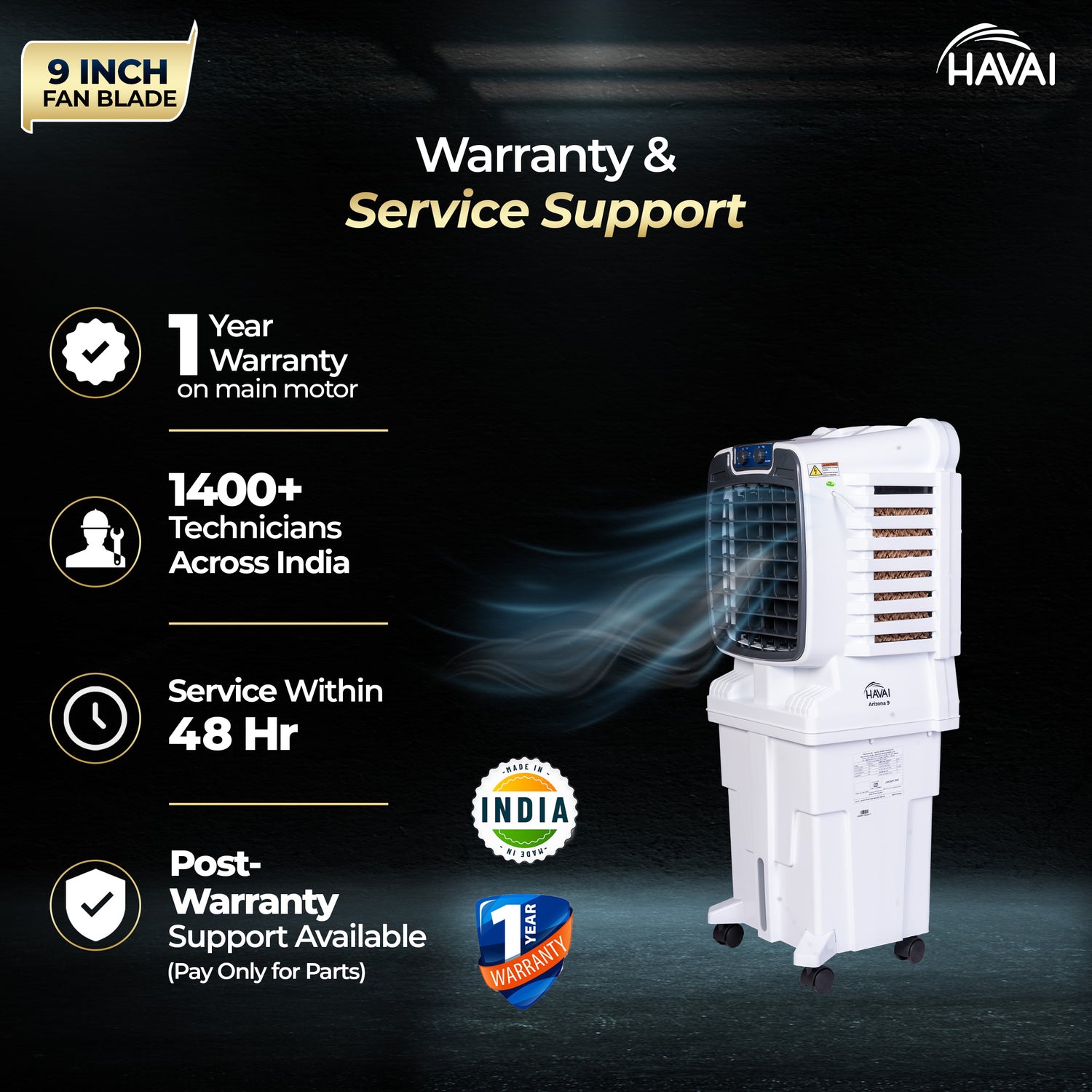 HAVAI Arizona 9 Personal Air Cooler | 9-Inch Blade | 25L Tank | 3-Side Honeycomb Pads | Motorised Louvers | White