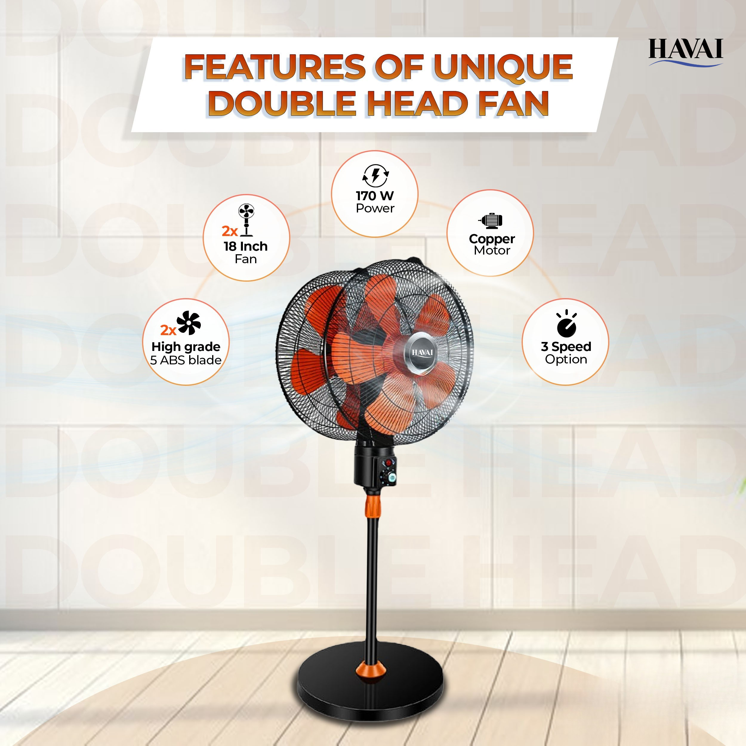 HAVAI DOUBLE HEAD 360 DEGREE FAN |18 INCH|REMOTE CONTROL, DOUBLE HEADED, 360 Degree Coverage, Pedestal | 1 Year Warranty | 3 SPEED CONTROL | ORANGE AND BLACK