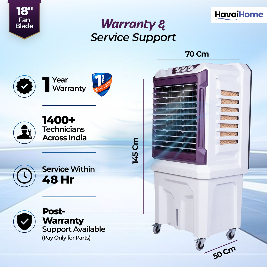 HAVAI Arizona 18 High Airflow Desert Cooler | 18” Metal Fan | 100L Tank | 3500 m³/hr Air Delivery | 30 ft Air Throw | 3-Side Thick Honeycomb Pads | Double Bearing Low-Noise Motor | Castor Wheels | 1-Year On-Site Warranty