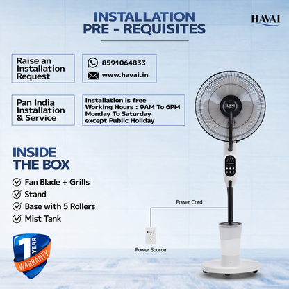 HAVAI Blu Mist Pedestal Fan – 16" Residential Mist Fan | Remote Control | 2.8 Litre Tank | Installation Included (White, Pack of 1)