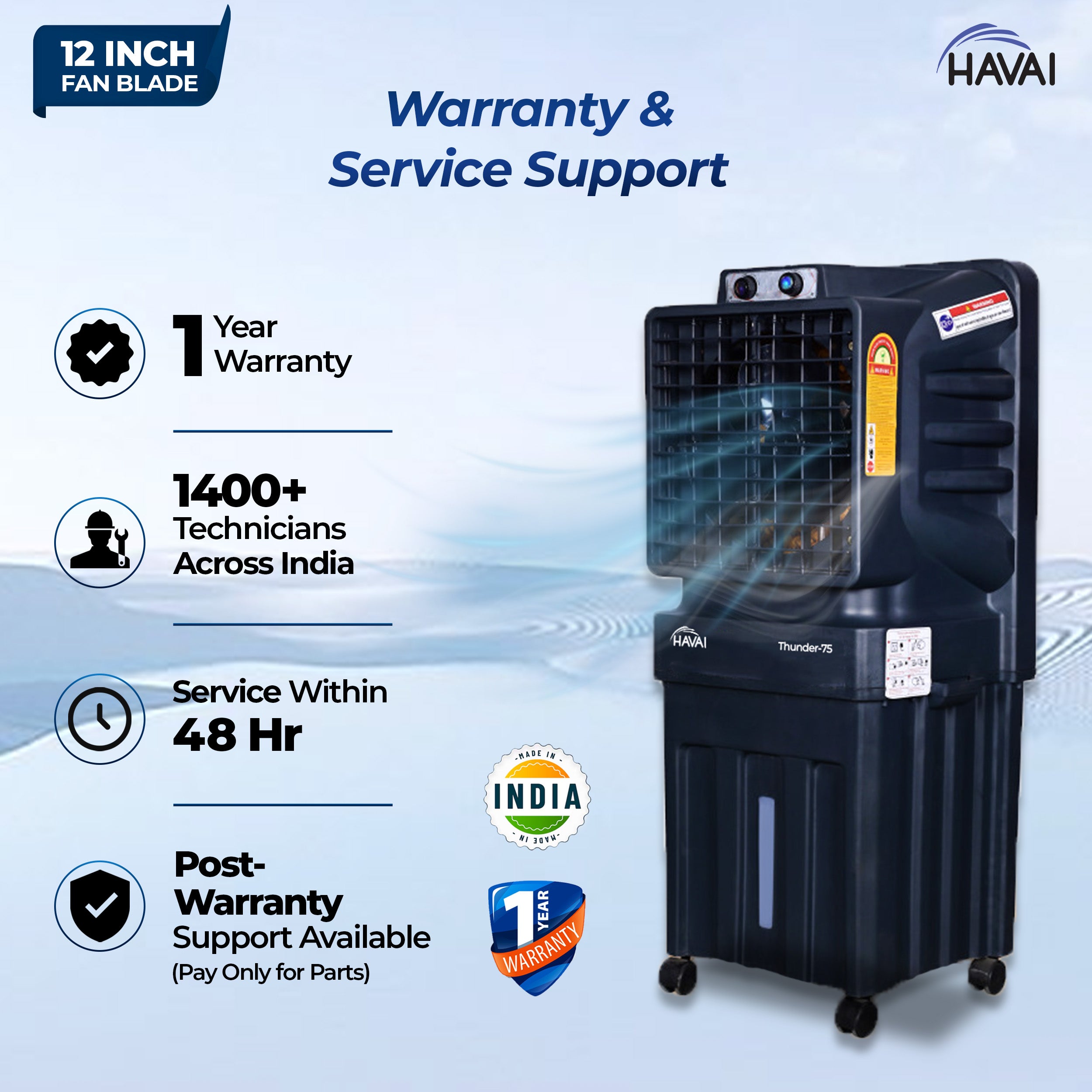 HAVAI Thunder-75 Tower Air Cooler | 70L Tank | 12″ Blade | Ideal for 150 sq ft Rooms | 130W Power | 10 ft Air Throw | 1350 RPM | Auto-Louver | 3-Speed | 1-Year On-Site Motor Warranty (Black)