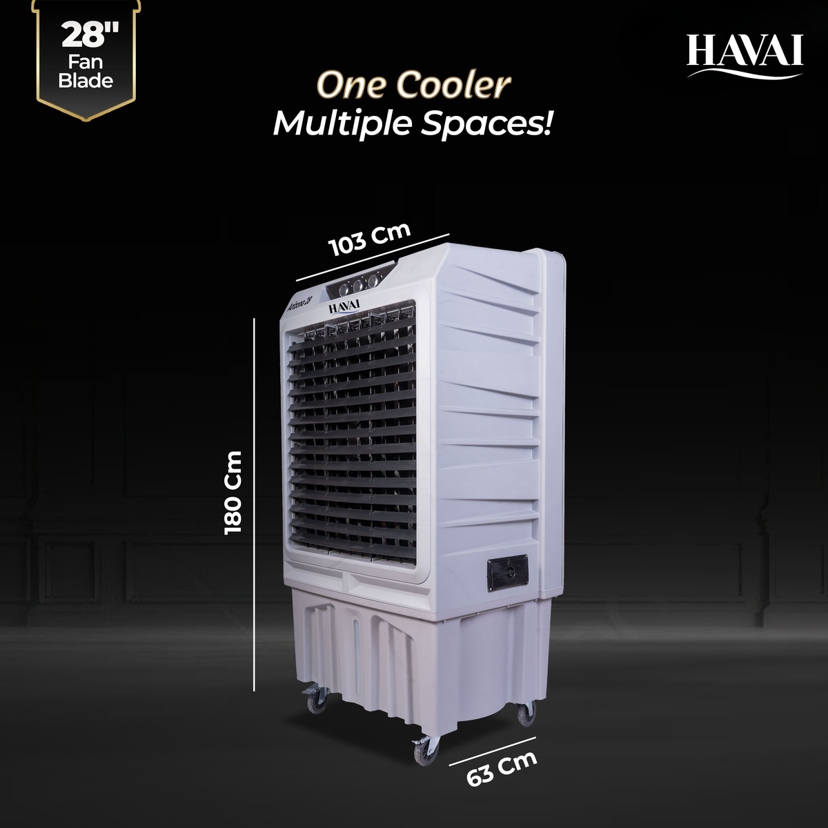 Havai Arizona 28 Industrial &amp; Commercial Air Cooler | 28-Inch Engineered 3-Leaf Blade | 10,000 m³/hr Air Delivery | 150L Tank | 500W Motor | 40 Ft Air Throw | Covers 700 Sq. Ft. | Finger Pull Drain Plug | 1-Year Warranty