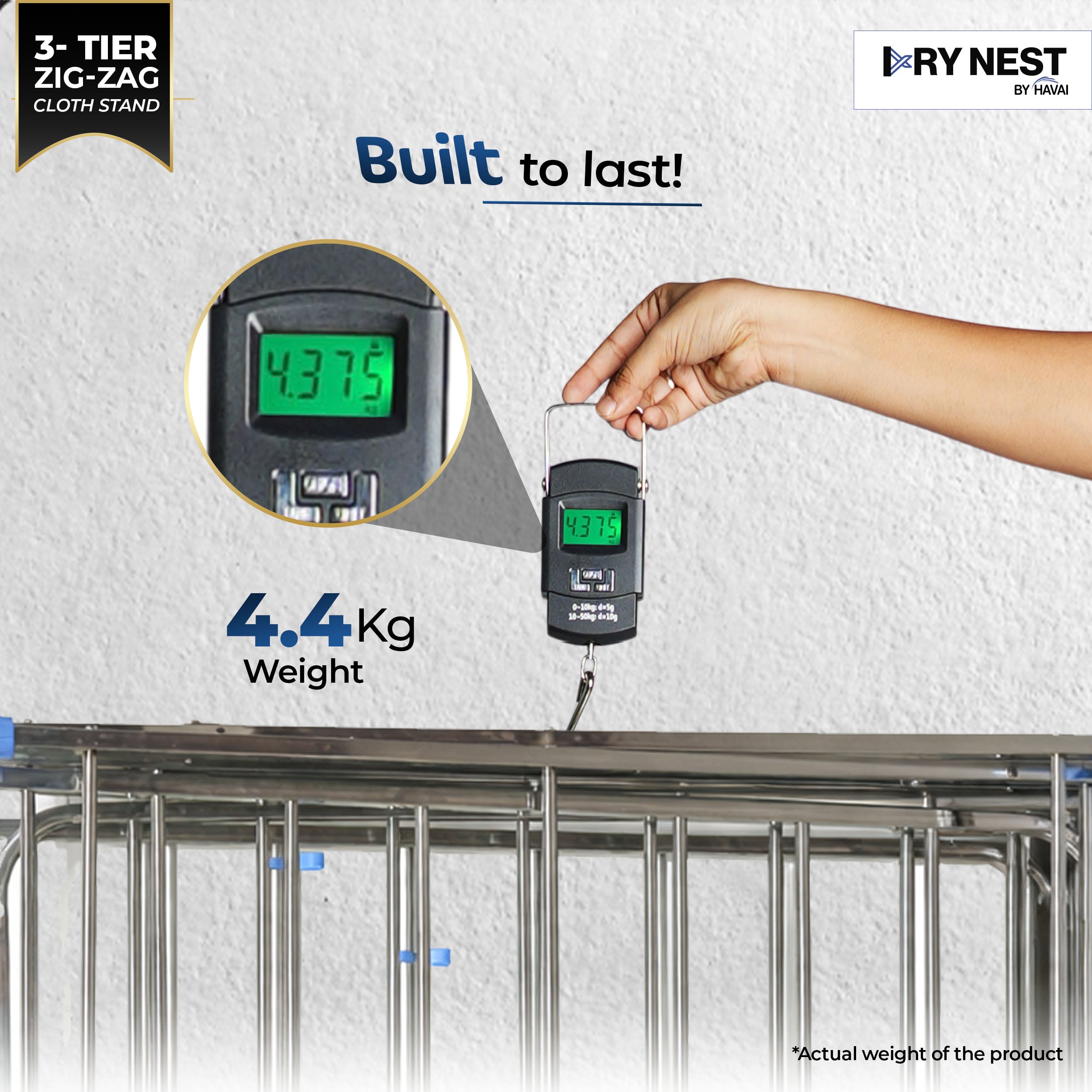 HAVAI DryNest 4.5 KG Heavy Duty Clothes Drying Stand | 40 KG Load Capacity | 3-Tier Zig-Zag Foldable Stainless Steel Airer | Rust Resistant Laundry Rack for Balcony, Indoor &amp; Outdoor Use