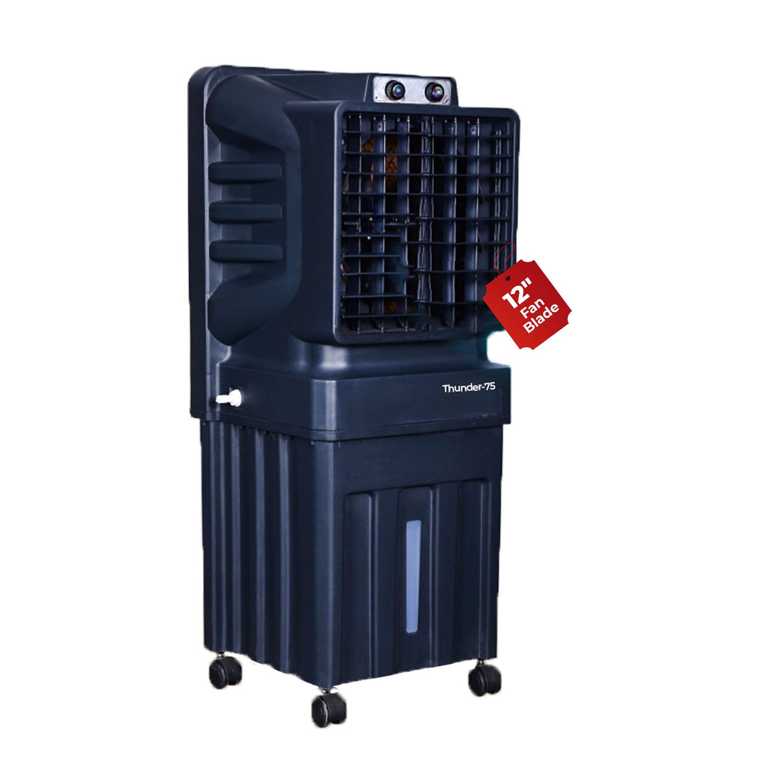 Thunder-75 Tower Air Cooler | 70L Tank | 12″ Blade | Ideal for 150 sq ft Rooms | 130W Power | 10 ft Air Throw | 1350 RPM | Auto-Louver | 3-Speed | 1-Year On-Site Motor Warranty (Black)