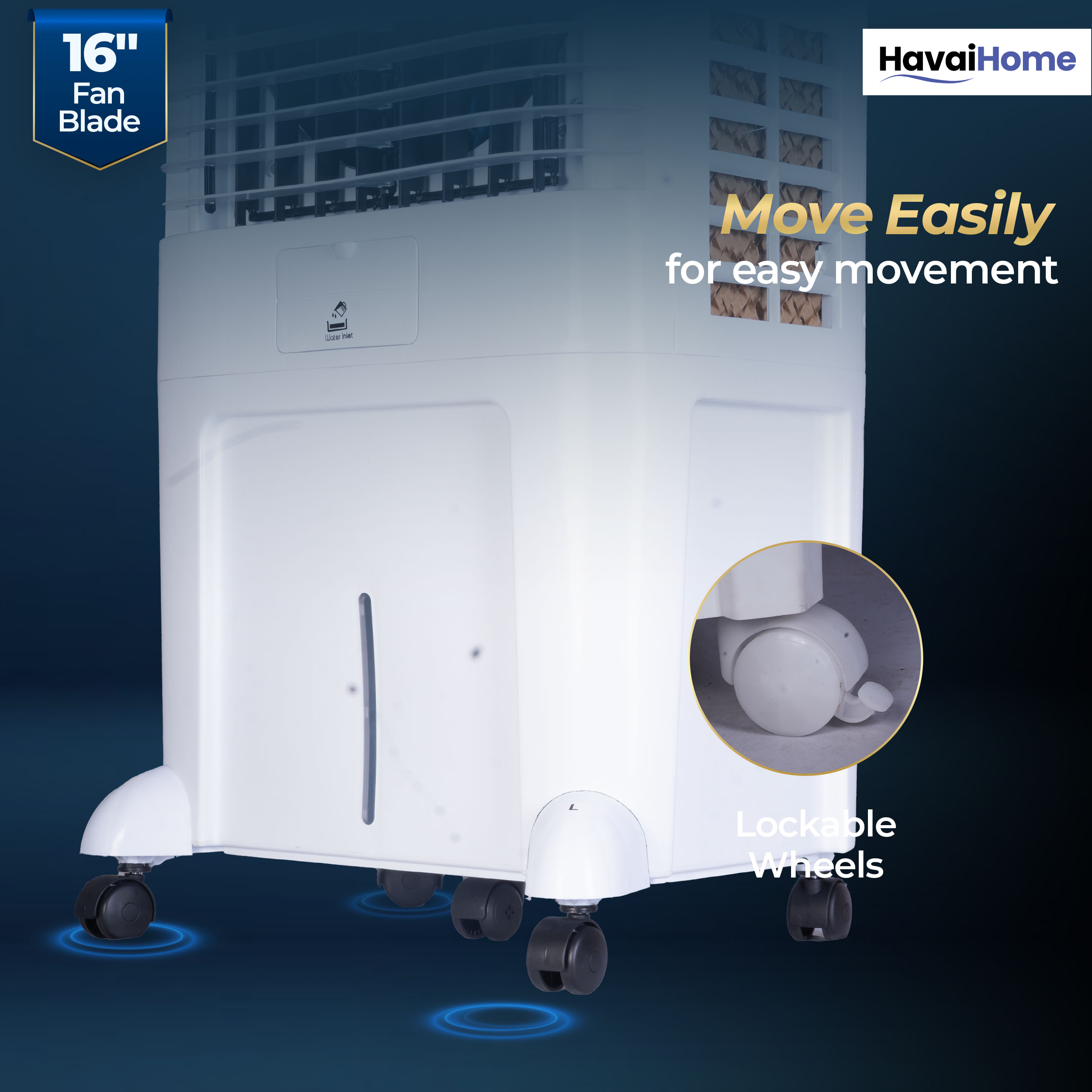 HAVAI Mighty 16 Desert Air Cooler | 16 Inch Special Bent-Edge Blade, 100L Tank, 5190 m³/hr Air Delivery | Covers 350 Sq Ft | Honeycomb Pads, Aluminium Motor, Closed Louvers, Wheels | White &amp; Grey