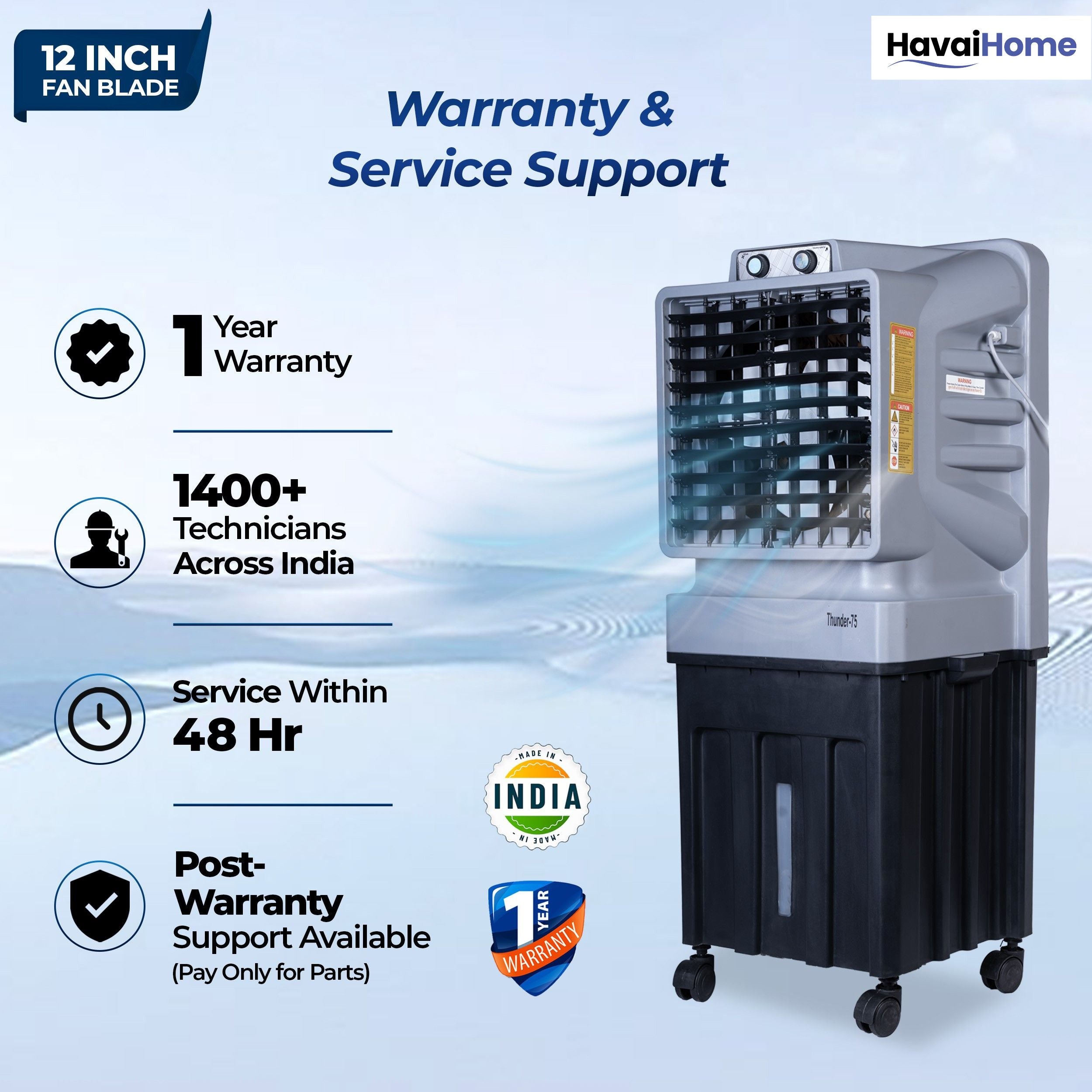 HAVAI Thunder-75 Tower Air Cooler | 70L Tank | 12″ Blade | Ideal for 150 sq ft Rooms | 130W Power | 10 ft Air Throw | 1350 RPM | Auto-Louver | 3-Speed | 1-Year On-Site Motor Warranty (Black &amp; Grey)