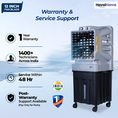 HAVAI Thunder-75 Tower Air Cooler | 70L Tank | 12″ Blade | Ideal for 150 sq ft Rooms | 130W Power | 10 ft Air Throw | 1350 RPM | Auto-Louver | 3-Speed | 1-Year On-Site Motor Warranty (Black &amp; Grey)