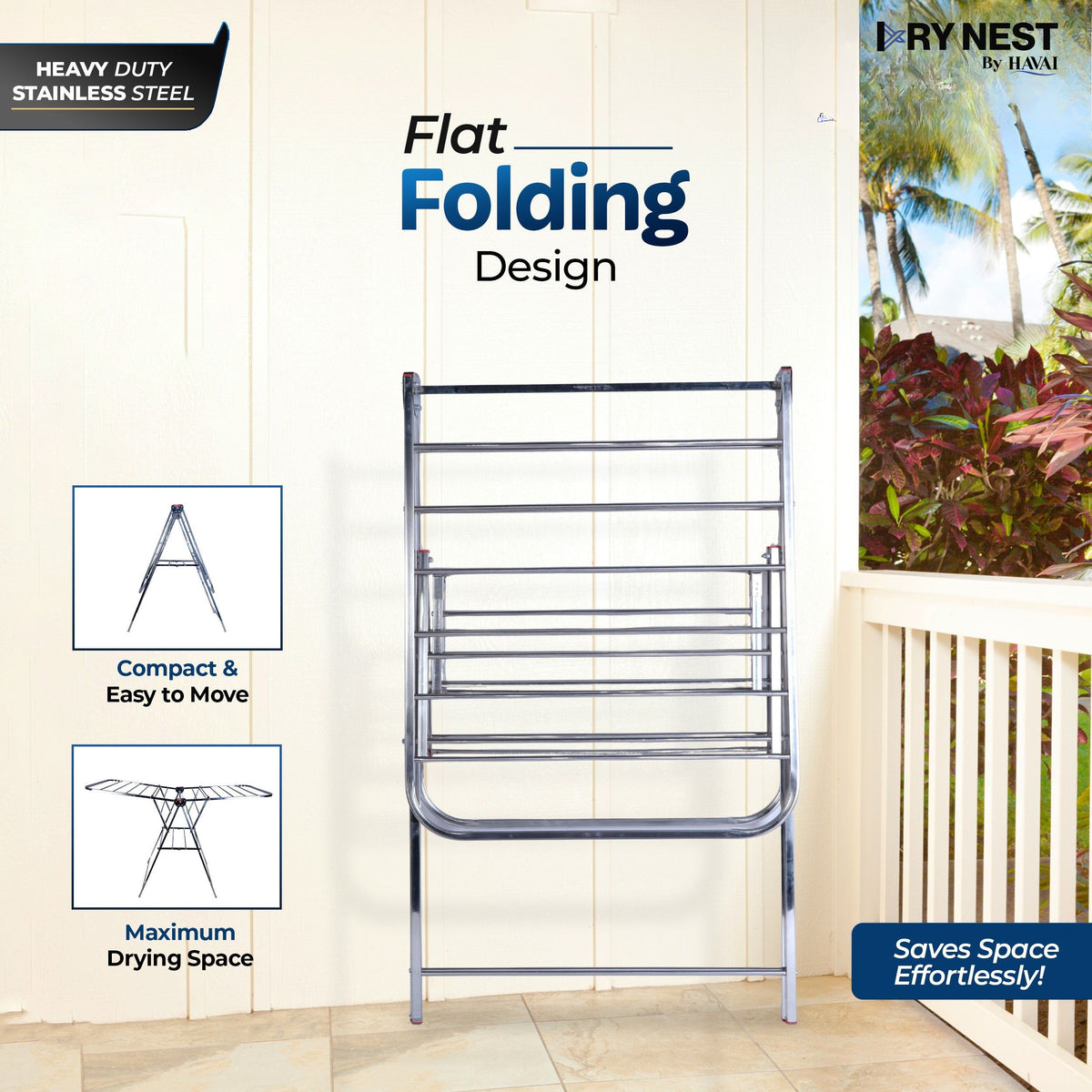 DryNest by Havai – 4.1 KG Heavy Duty Foldable Cloth Drying Stand | Premium Rust-Free Stainless Steel Laundry Rack with Strong Steel Rods | Indoor, Outdoor &amp; Balcony Use | Portable Clothes Dryer Stand