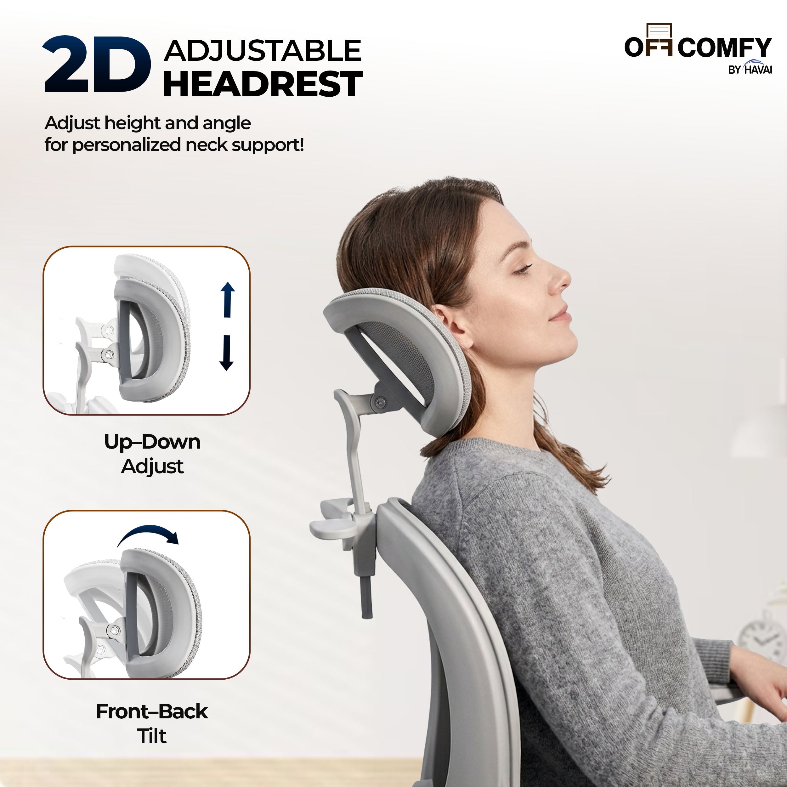 HAVAI Velmora Ergonomic Office Chair | High Back Mesh Chair with Reclining Mechanism, Adjustable Armrest, Headrest &amp; Lumbar Support | Nylon Base &amp; Wheels | Executive/WFH Chair (Grey)
