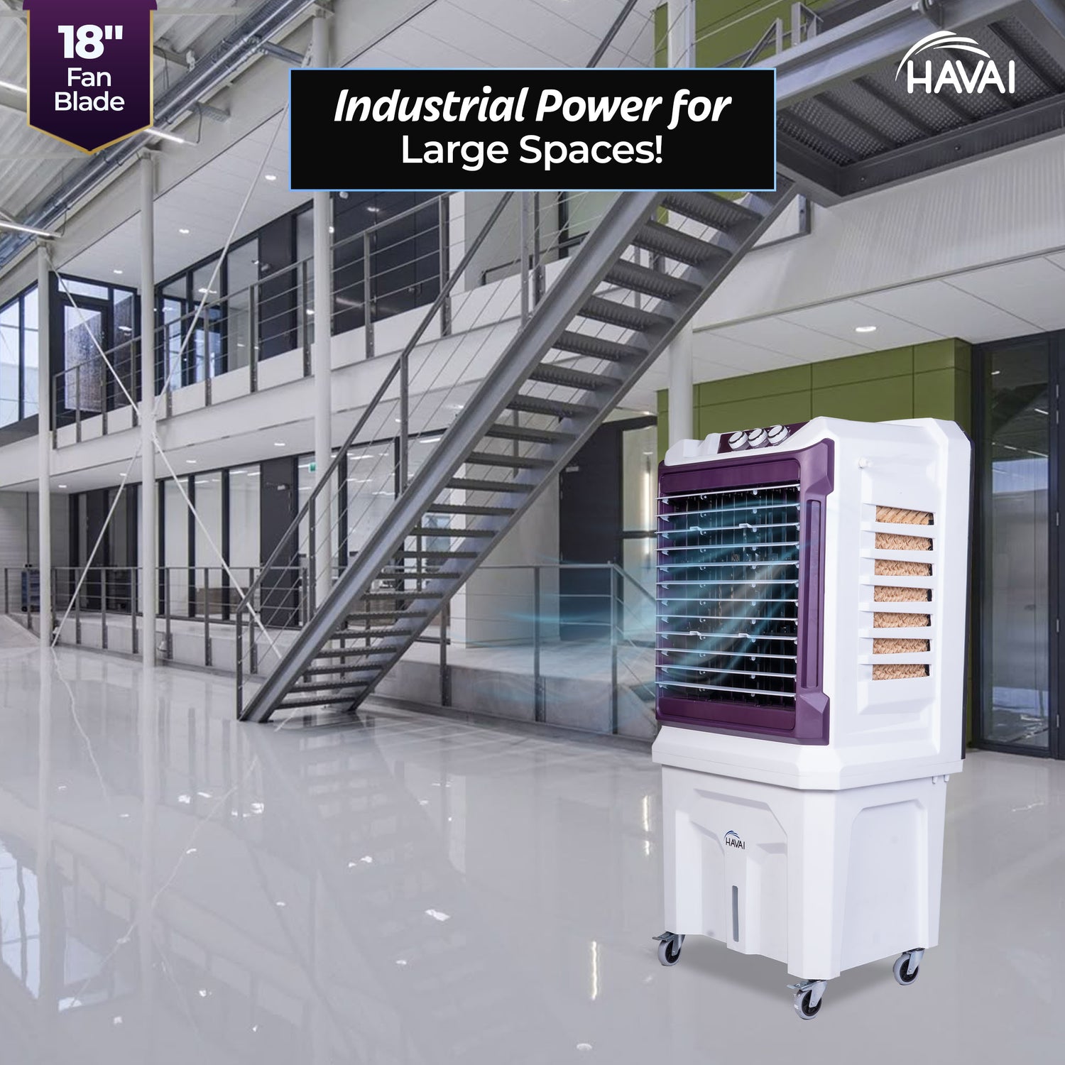 HAVAI Arizona 18 High Airflow Desert Cooler | 18” Metal Fan | 100L Tank | 3500 m³/hr Air Delivery | 30 ft Air Throw | 3-Side Thick Honeycomb Pads | Double Bearing Low-Noise Motor | Castor Wheels | 1-Year On-Site Warranty