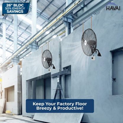 HAVAI BLDC Wall Mount Fan 26 inch, 50% Savings on Electricity, High Velocity, Heavy Duty Metal for Industrial, Commercial and Residential Use, Assembly Included