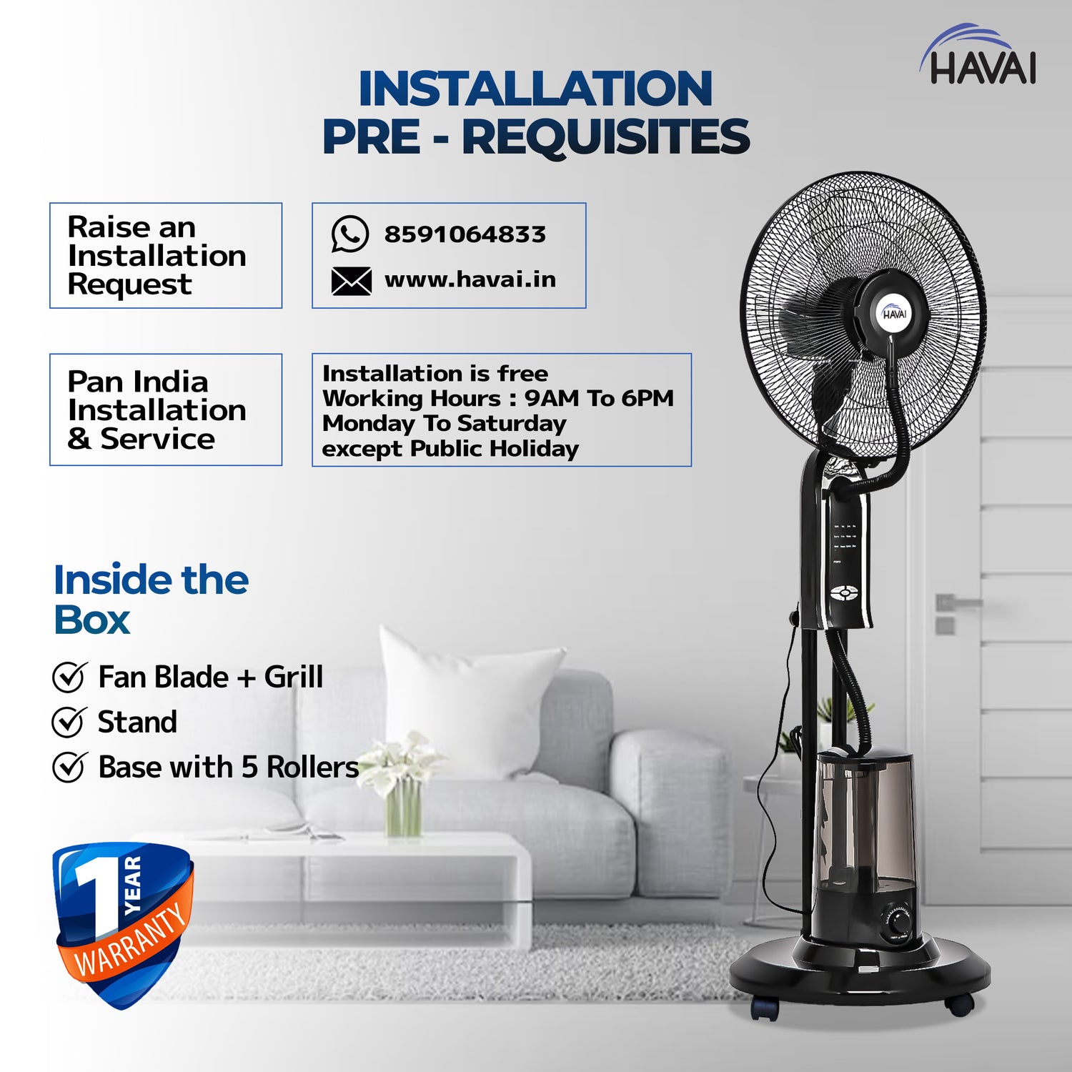 HAVAI RED 18&quot; BLDC Mist Pedestal Fan – High-Speed, Remote &amp; Touch Control, 3.2L Tank, 80W Power, 350 Sq Ft Coverage, Easy Install, Black (Copy)