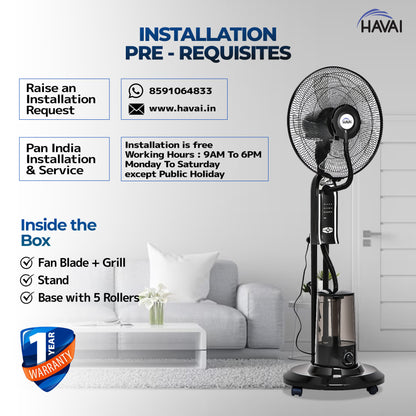 HAVAI RED 18&quot; BLDC Mist Pedestal Fan – High-Speed, Remote &amp; Touch Control, 3.2L Tank, 80W Power, 350 Sq Ft Coverage, Easy Install, Black (Copy)