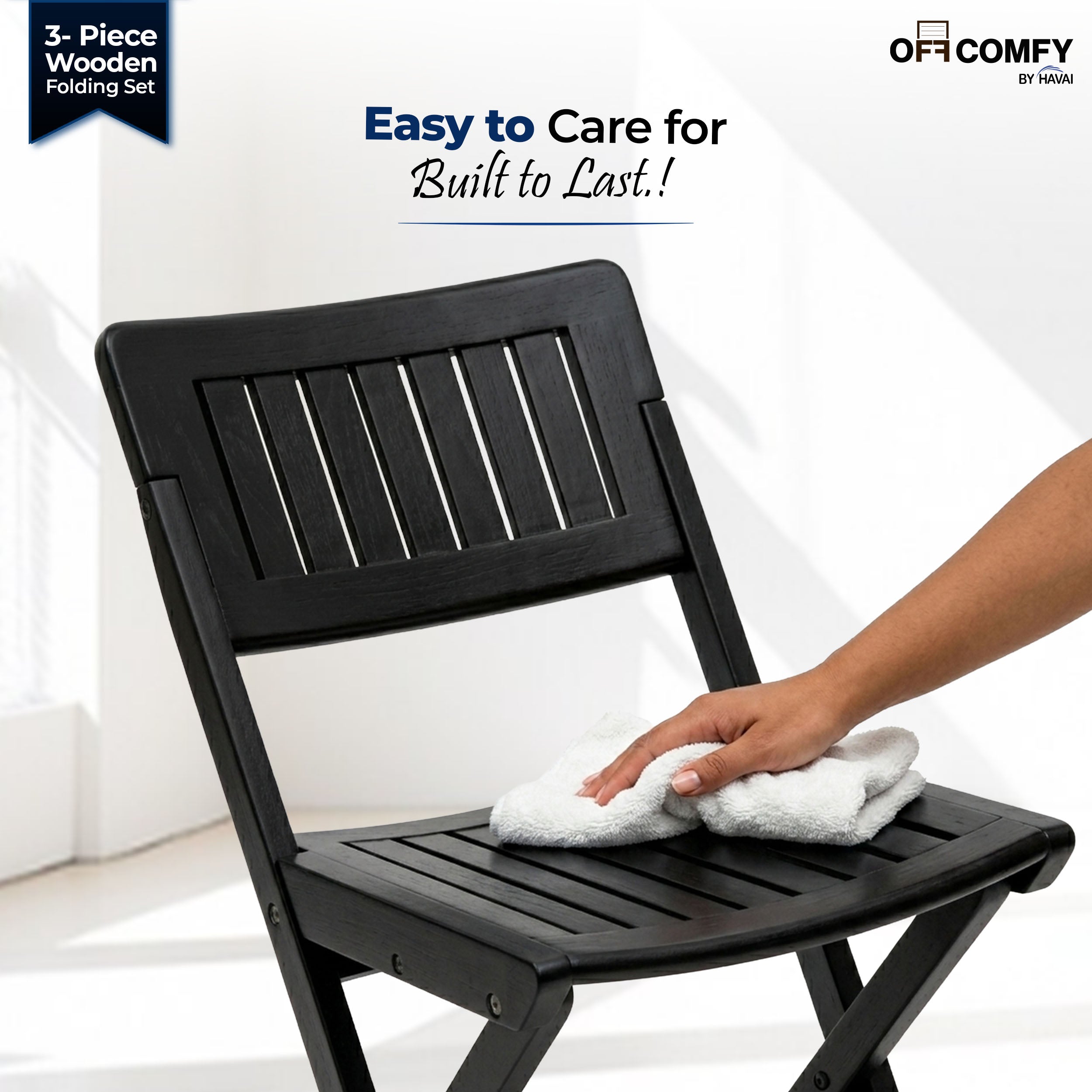 HAVAI Teakwood Foldable Balcony Furniture Set | 2 Chairs &amp; 1 Table | Premium Solid Teak Wood Outdoor Patio Set | Garden, Balcony, Terrace &amp; Cafe Furniture | Pre-Assembled Natural Wood Finish (BLACK)