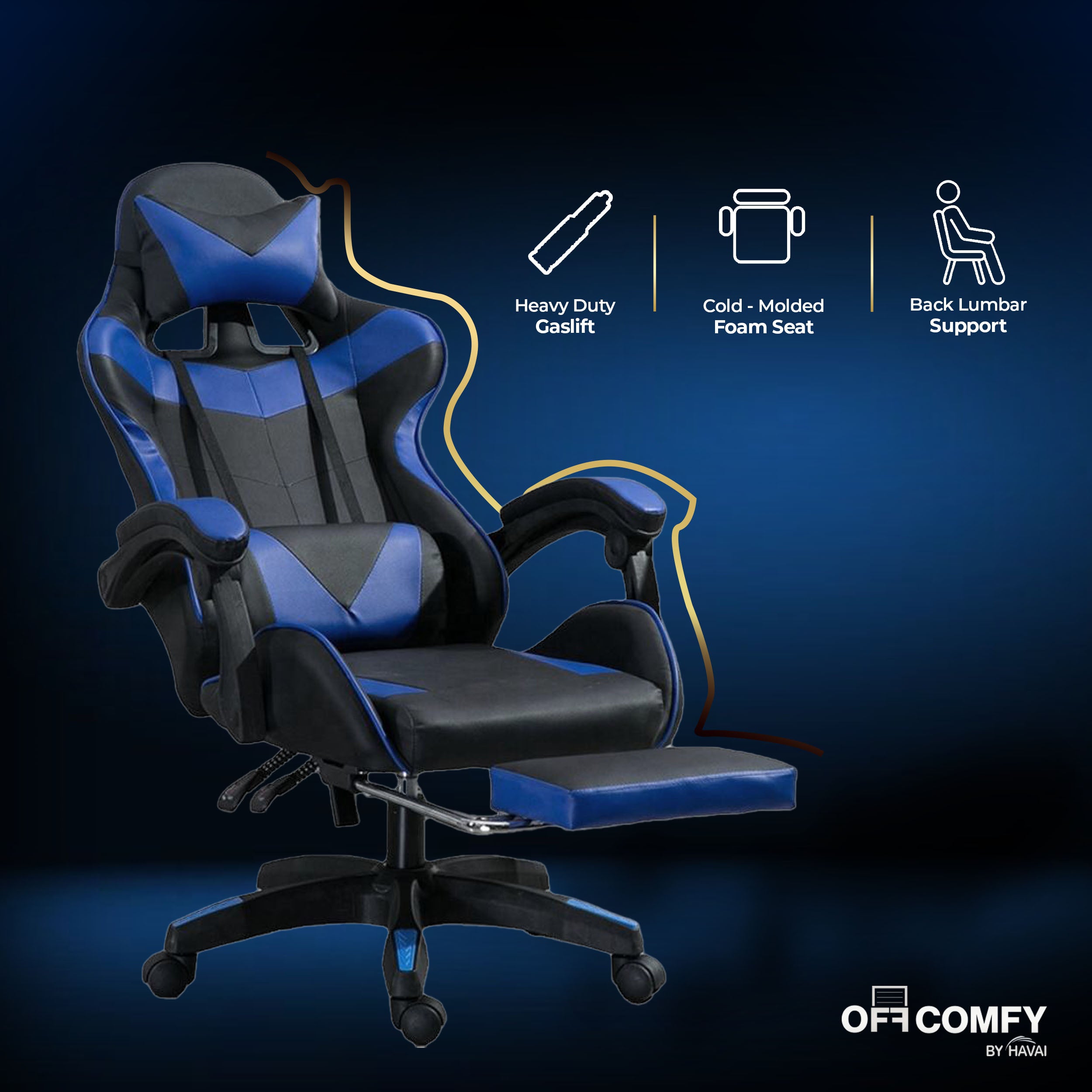HAVAI Vortex BLUE Gaming Chair | Ergonomic High Back Computer Chair with Linkage Armrests | Reclining &amp; Folding Backrest | Premium 0.55mm PVC Upholstery | High Density Foam Cushion | Class 1 Gas Lift | 320mm Nylon Base | Heavy Duty Wheels | (Blue &amp; Black)