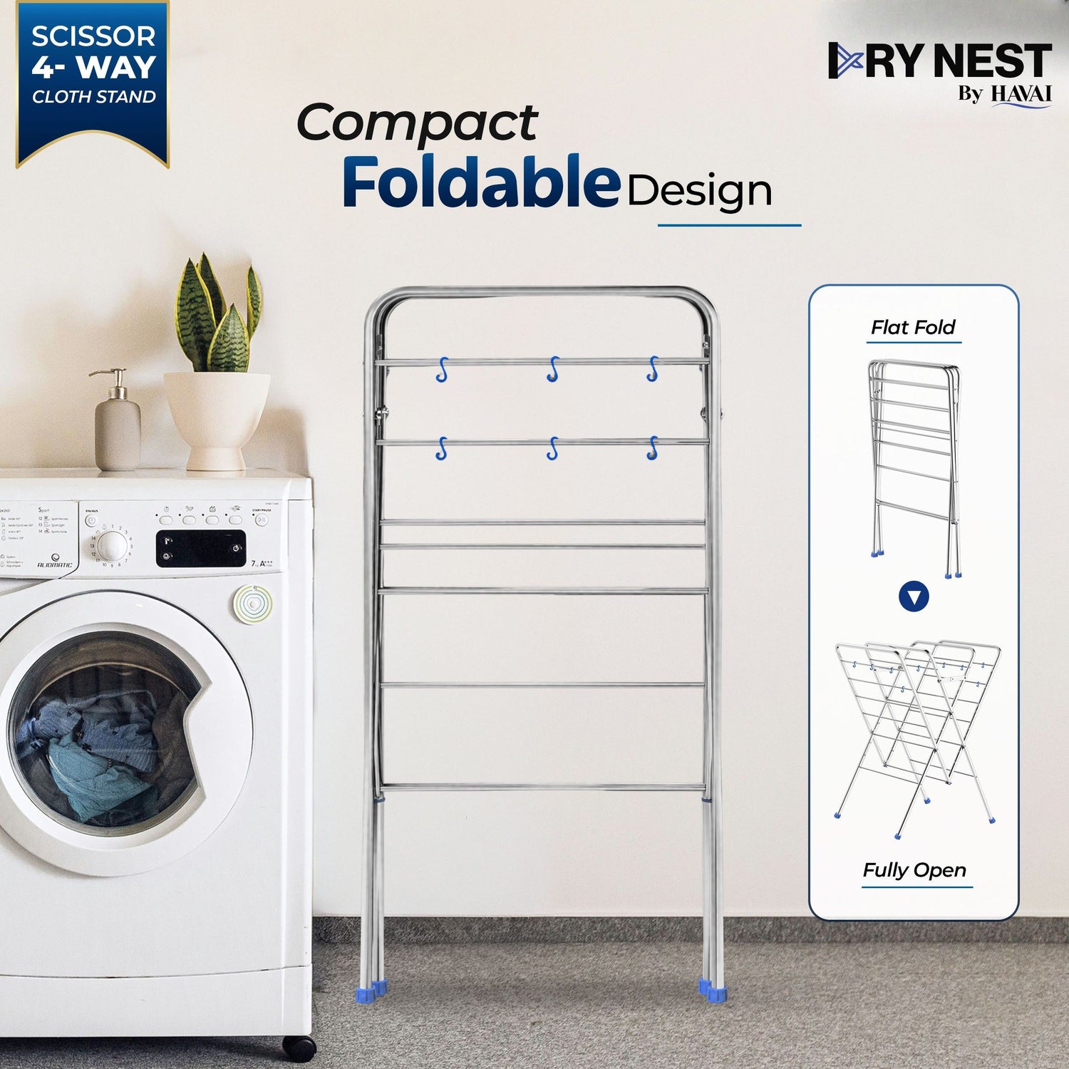 HAVAI DRY NEST 3kg Heavy Duty Premium Cloth Drying Stand | 4-Way Foldable Stainless Steel Clothes Dryer | 20 Rods with Hanger Hooks | 30kg Load Capacity | Strong &amp; Stable | 2 Year Warranty