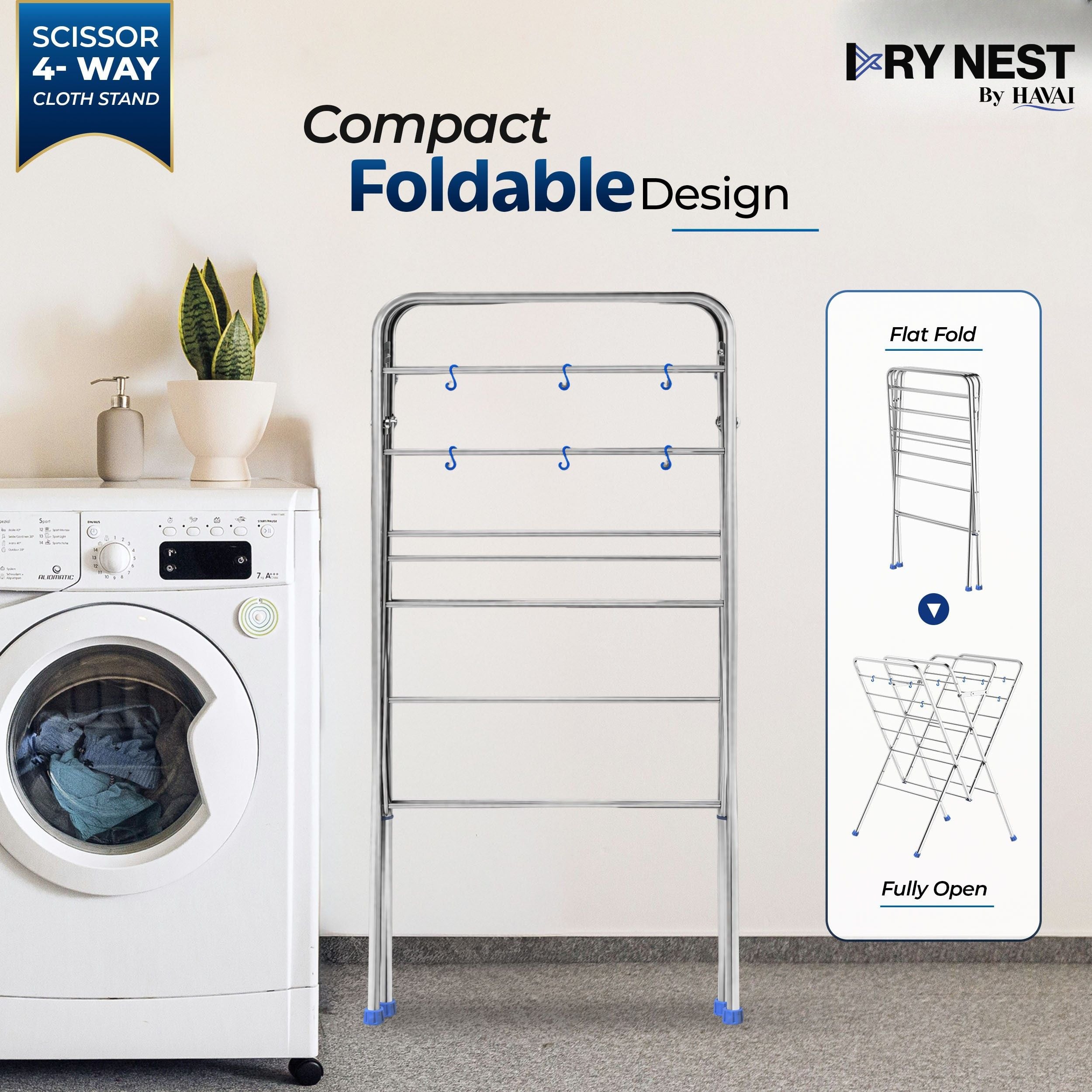 HAVAI DRY NEST 3kg Heavy Duty Premium Cloth Drying Stand | 4-Way Foldable Stainless Steel Clothes Dryer | 20 Rods with Hanger Hooks | 30kg Load Capacity | Strong &amp; Stable | 2 Year Warranty