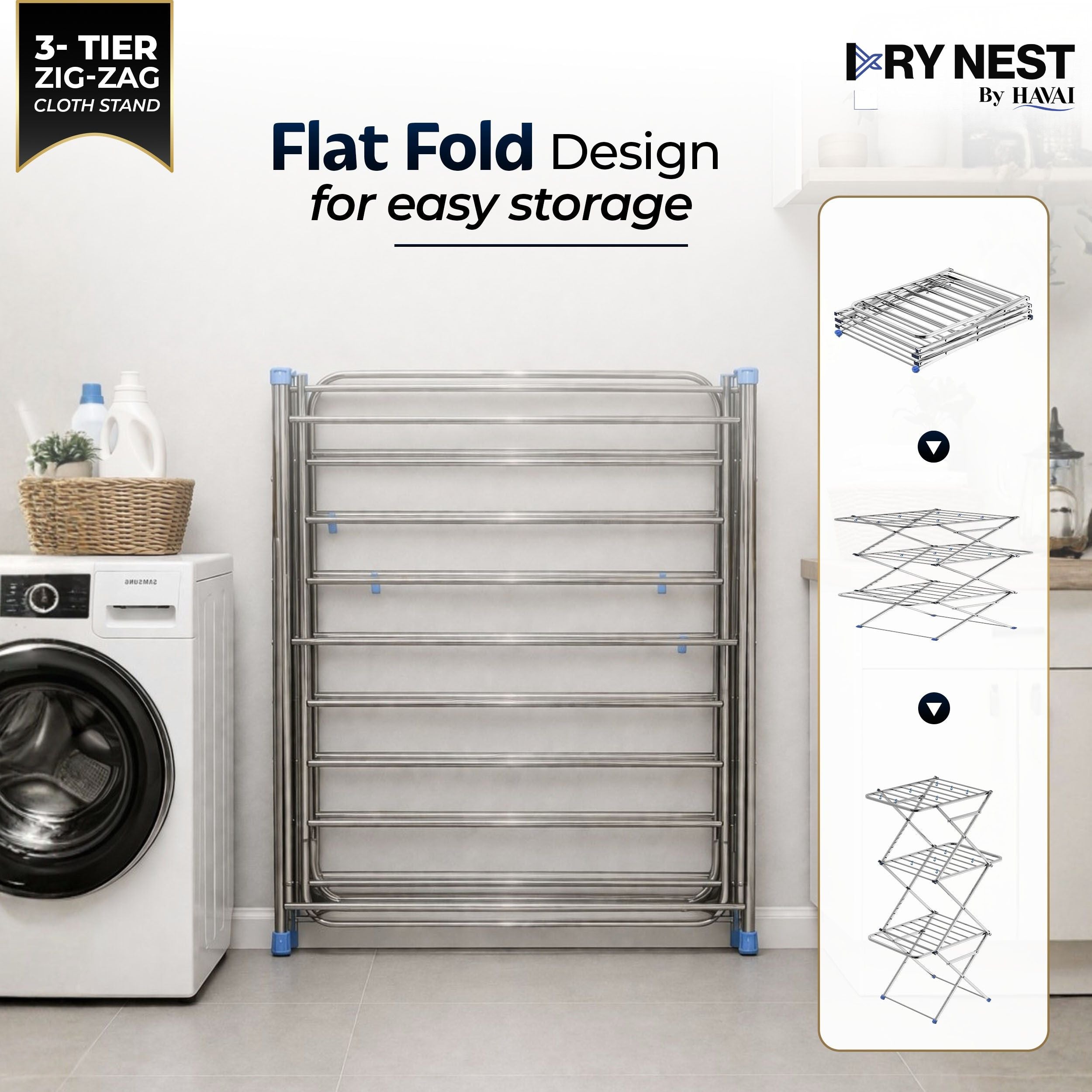 HAVAI DryNest 4.5 KG Heavy Duty Clothes Drying Stand | 40 KG Load Capacity | 3-Tier Zig-Zag Foldable Stainless Steel Airer | Rust Resistant Laundry Rack for Balcony, Indoor &amp; Outdoor Use