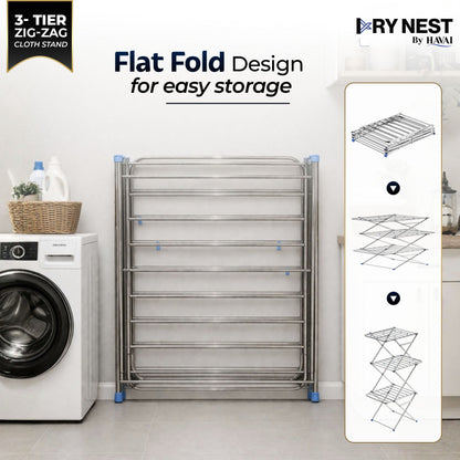 HAVAI DryNest 4.5 KG Heavy Duty Clothes Drying Stand | 40 KG Load Capacity | 3-Tier Zig-Zag Foldable Stainless Steel Airer | Rust Resistant Laundry Rack for Balcony, Indoor &amp; Outdoor Use