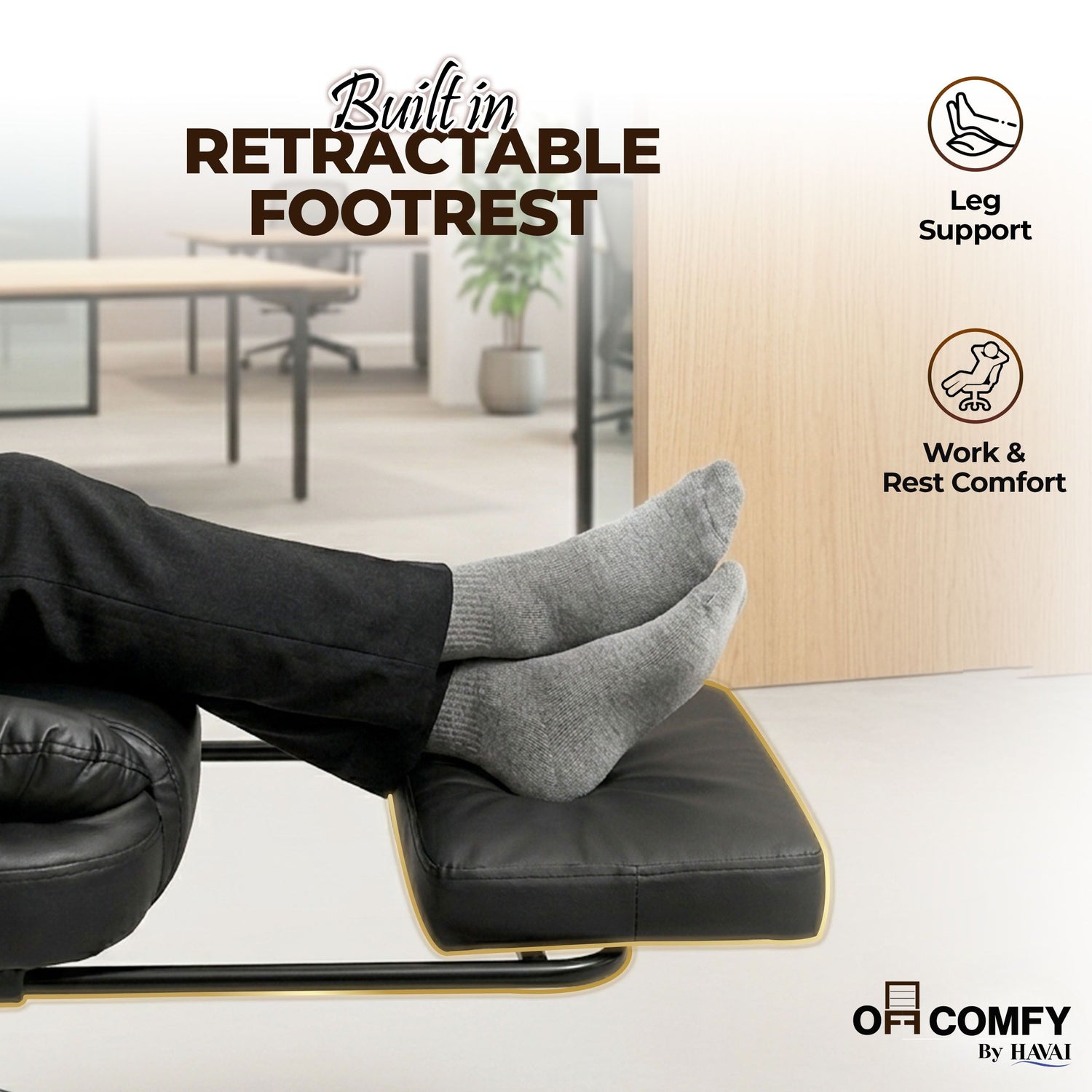 HAVAI Comfexa Executive Office Chair | Premium Recliner Chair with Footrest | Ergonomic High Back Cushion | PVC Leather Finish | Reclining &amp; Folding Mechanism | Class 2 Gas Lift | Nylon Base | Heavy Duty Office &amp; WFH Chair | Black