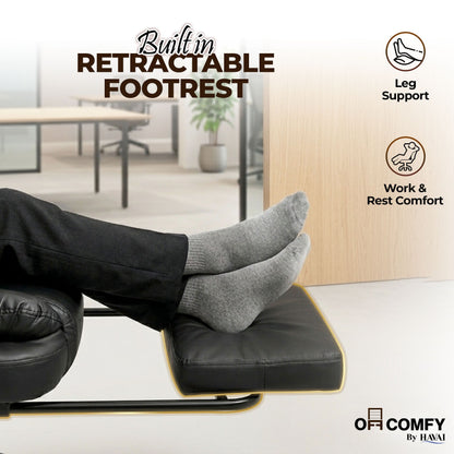 HAVAI Comfexa Executive Office Chair | Premium Recliner Chair with Footrest | Ergonomic High Back Cushion | PVC Leather Finish | Reclining &amp; Folding Mechanism | Class 2 Gas Lift | Nylon Base | Heavy Duty Office &amp; WFH Chair | Black