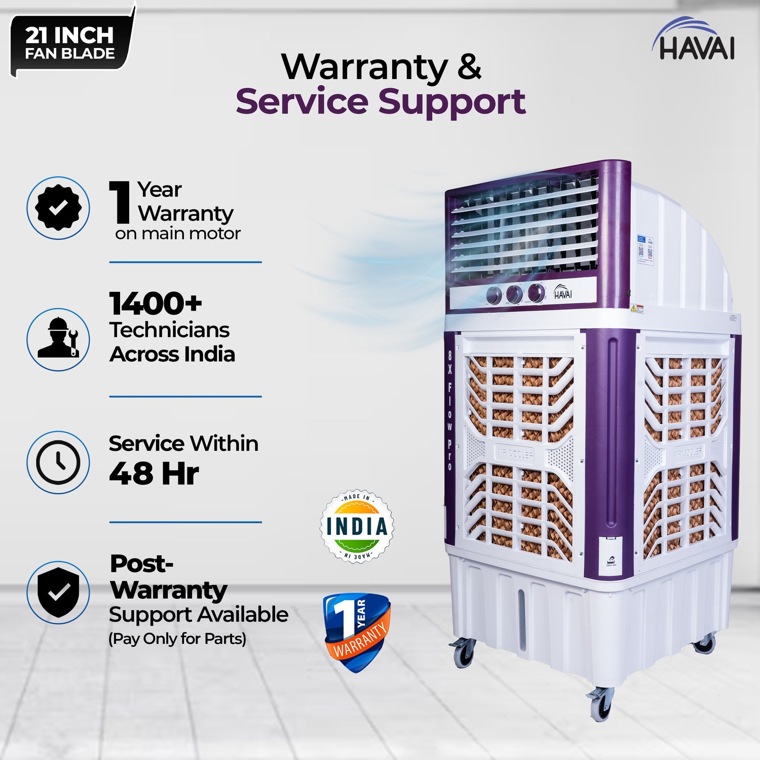 HAVAI 8X Flo Pro Plastic Body Duct Air Cooler | 100L Tank | 21” 4-Leaf Fan | 8500 m³/hr Airflow | 30 ft Air Throw | Double Ball Bearing Motor | 4-Side Honeycomb Cooling