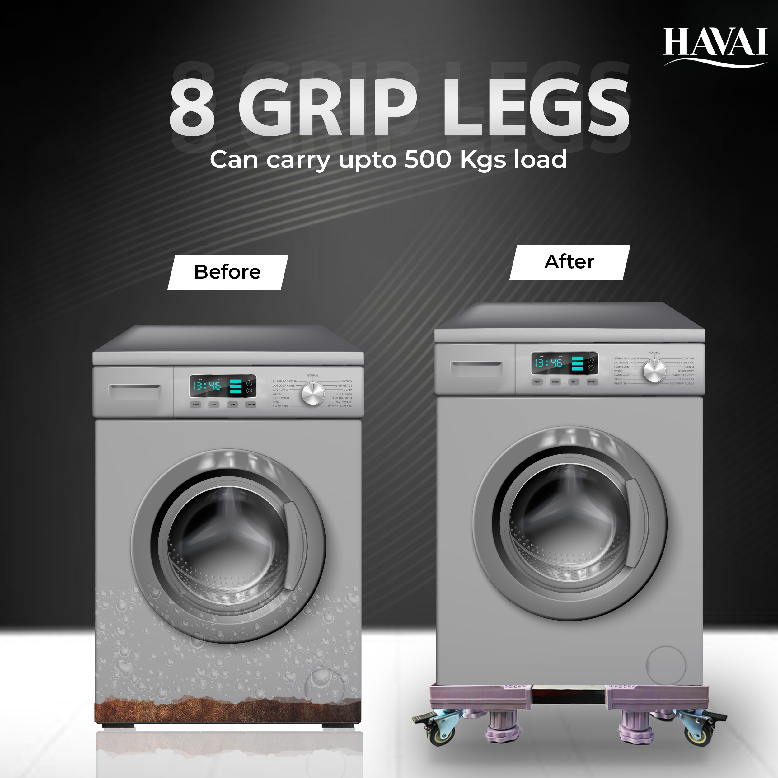 HAVAI Premium Trolley Stand with 4 Wheels 8 Grips For Heavy Duty Adjustable Top Load Washing Machine/Refrigerator/Fridge/Dishwasher/Air Cooler: Colour - Bluish Grey (500 Kg)