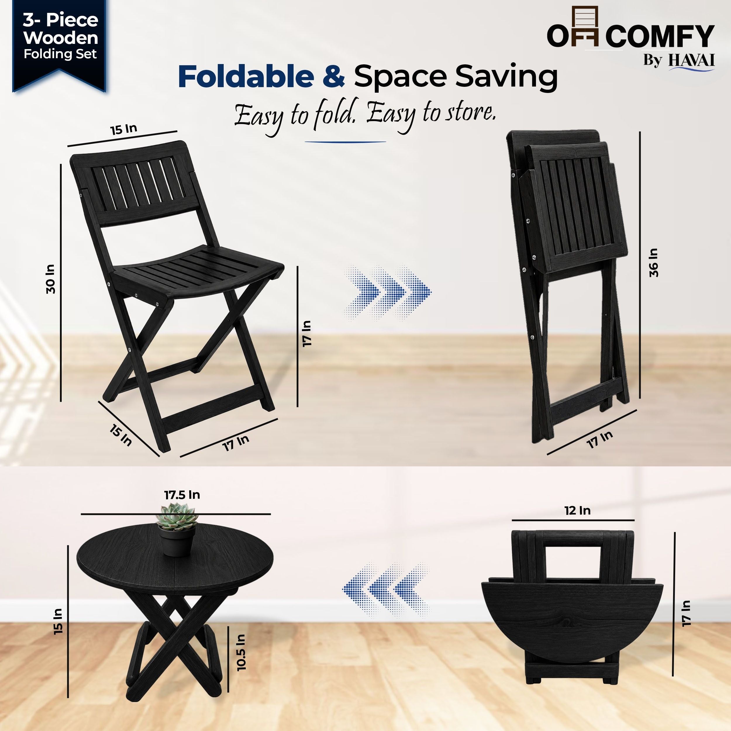 HAVAI Teakwood Foldable Balcony Furniture Set | 2 Chairs &amp; 1 Table | Premium Solid Teak Wood Outdoor Patio Set | Garden, Balcony, Terrace &amp; Cafe Furniture | Pre-Assembled Natural Wood Finish (BLACK)