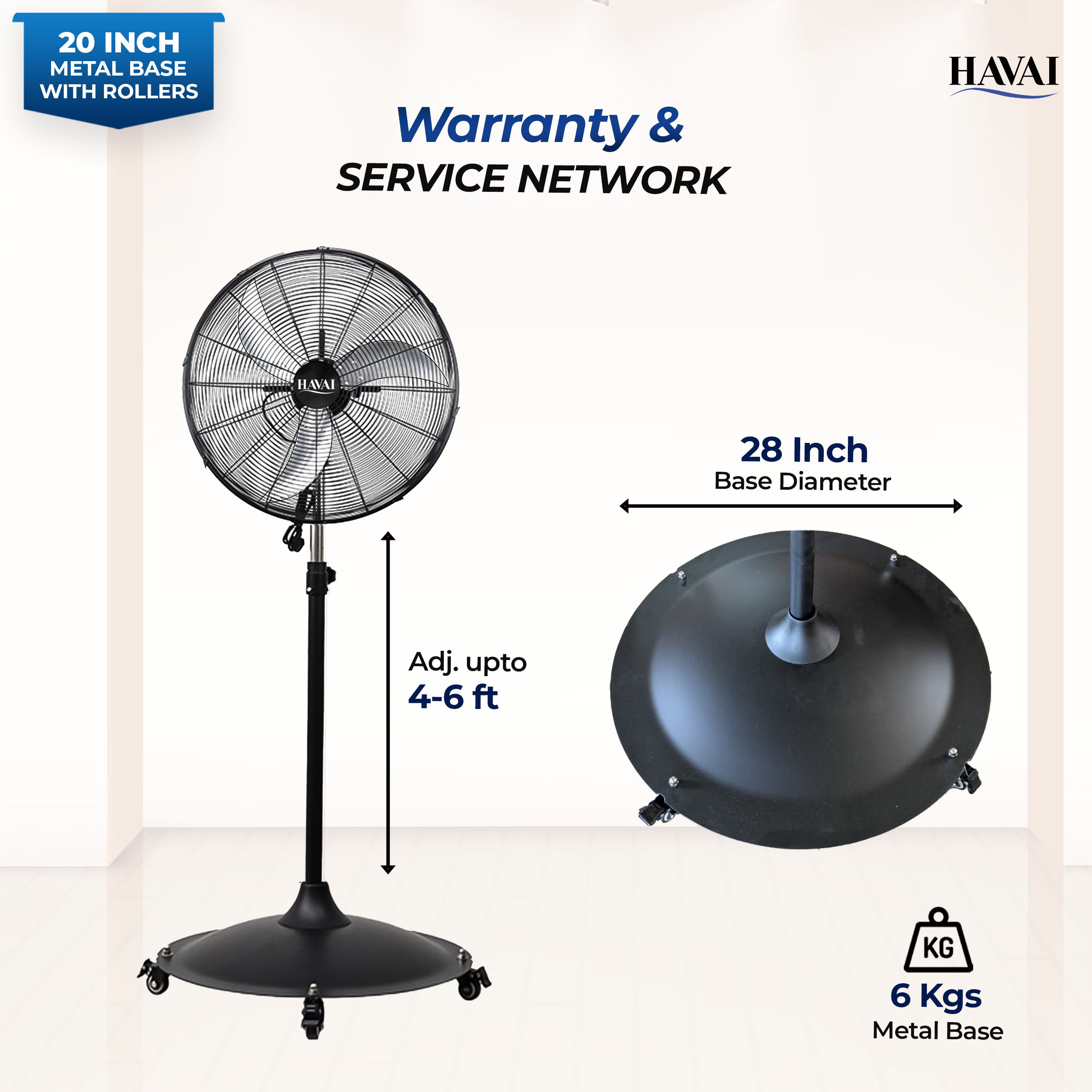 Havai 20-Inch Commercial BLDC Pedestal Fan (20–120W) | 2mm Aluminium Blades | Metal Base with 4 Lockable Industrial Wheels | Fingerproof Safety Grill | 4-Speed | 2-Year On-Site Warranty