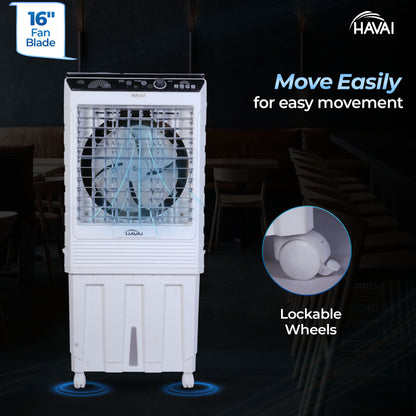 HAVAI Mighty 16 GT Glass Top Desert Air Cooler for Home &amp; Commercial Use | 16 Inch Fan, 100L Tank, 5190 m³/hr Air Delivery | 350 Sq Ft Coverage | Honeycomb Pads, Aluminium Motor, Low Noise | White &amp; Grey