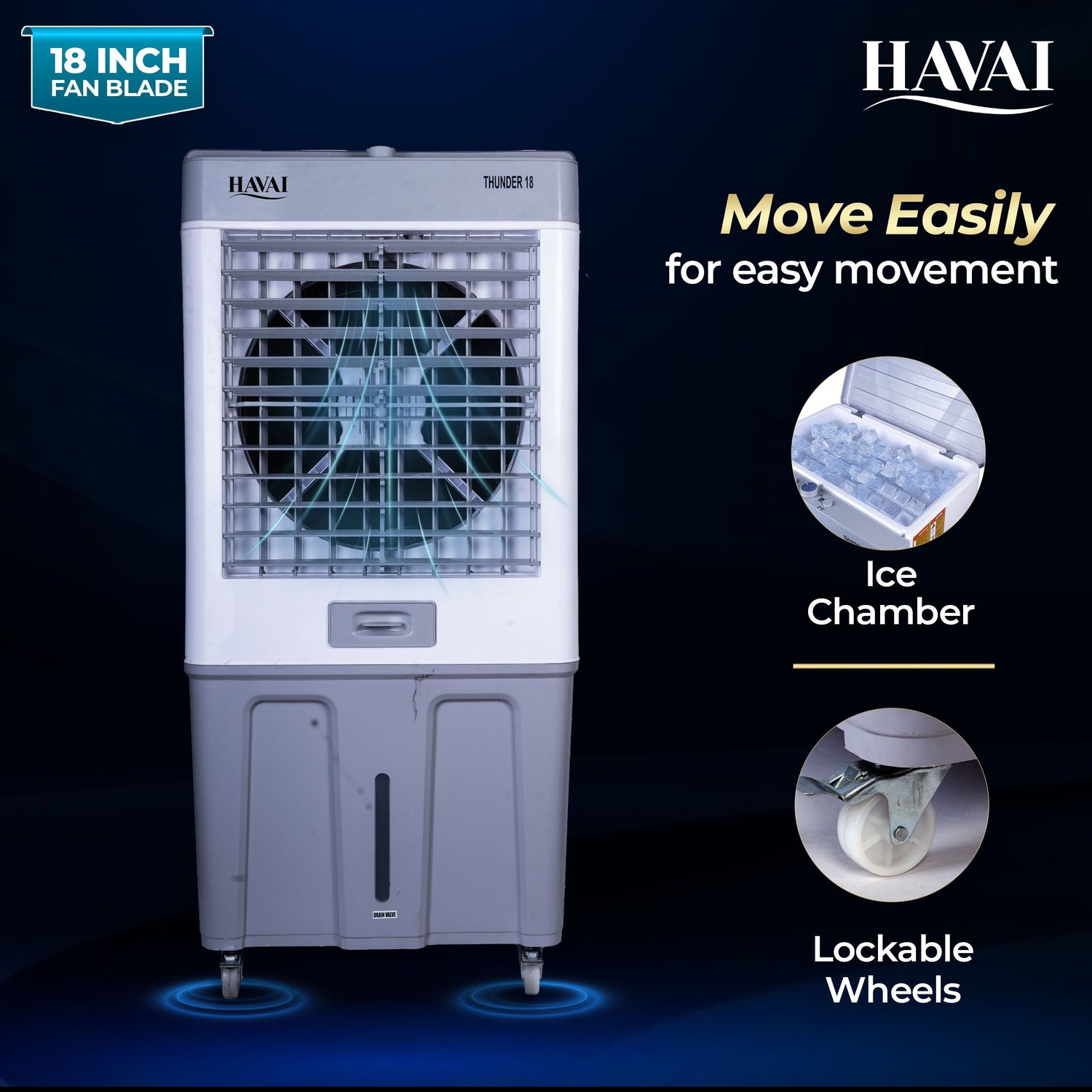 HAVAI Thunder 18 Desert Cooler | 18” Heavy-Duty Aluminium Fan Blade | 110 Dia 35mm Powerful Motor | Auto Swing | 3-Side Honeycomb Pads | 20 Ft Air Throw | 100L Tank | 1-Year Motor Warranty + Post-Warranty Support | White &amp; Grey