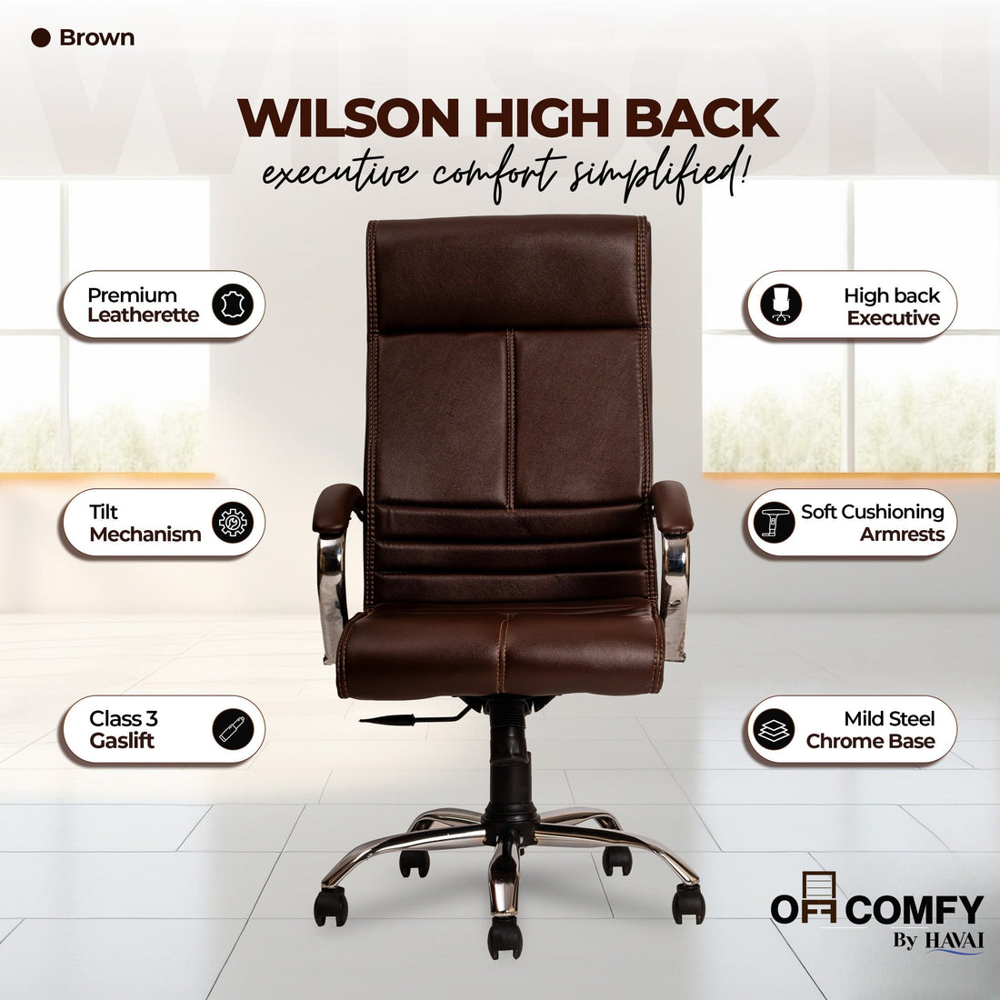 Nova High Back Office Chair | Premium Leather | Ergonomic Executive Chair with Single Lock Tilt Mechanism |  Chrome Steel Base &amp; Arms | Class 4 Gaslift | 50mm Casters  | High-Density Cushioned Seat &amp; Back (Brown)