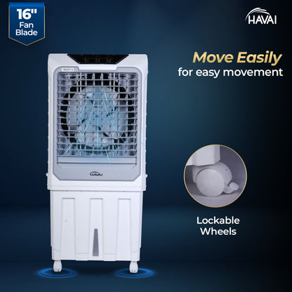 HAVAI Mighty 16 Desert Air Cooler | 16 Inch Special Bent-Edge Blade, 100L Tank, 5190 m³/hr Air Delivery | Covers 350 Sq Ft | Honeycomb Pads, Aluminium Motor, Closed Louvers, Wheels | White &amp; Grey