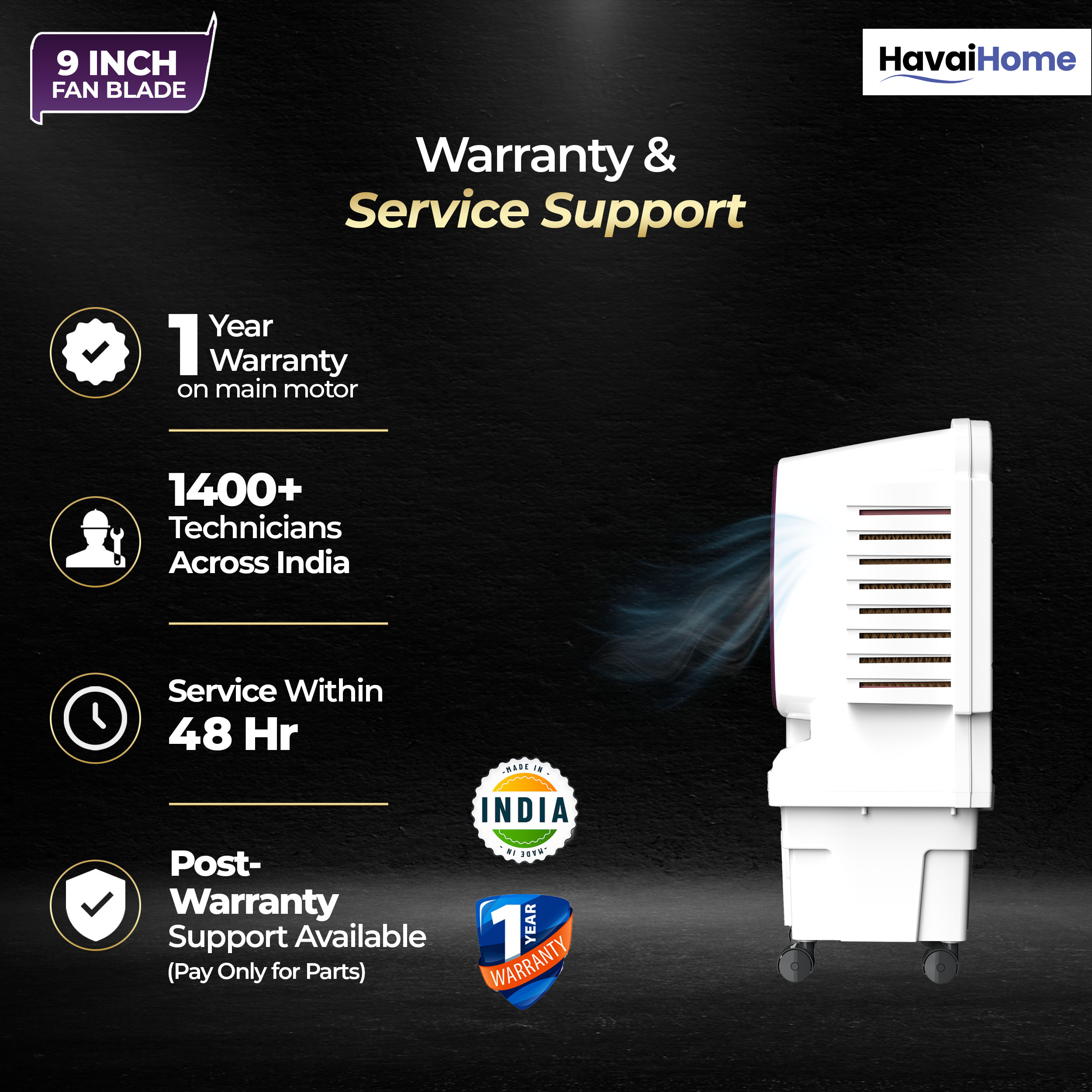 HAVAI Arizona 9 Mini Personal Air Cooler | India’s First 9-Inch Blade Cooler | 2600 RPM | 5 Ft Air Throw | 3-Side Honeycomb | 12L Tank | Motorised Louvers | 120W | Ideal for 50 Sq Ft