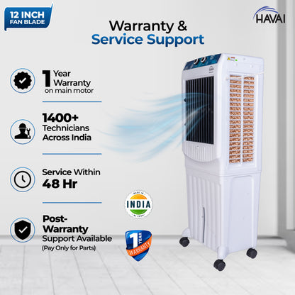 HAVAI Arizona 12 Personal Air Cooler | 12-Inch Fan | 60L Water Tank | Air Throw up to 8 Feet | 2000 m³/hr Air Delivery | 3-Side Honeycomb Pads | Motorised Louvers | Energy Efficient 120W | White