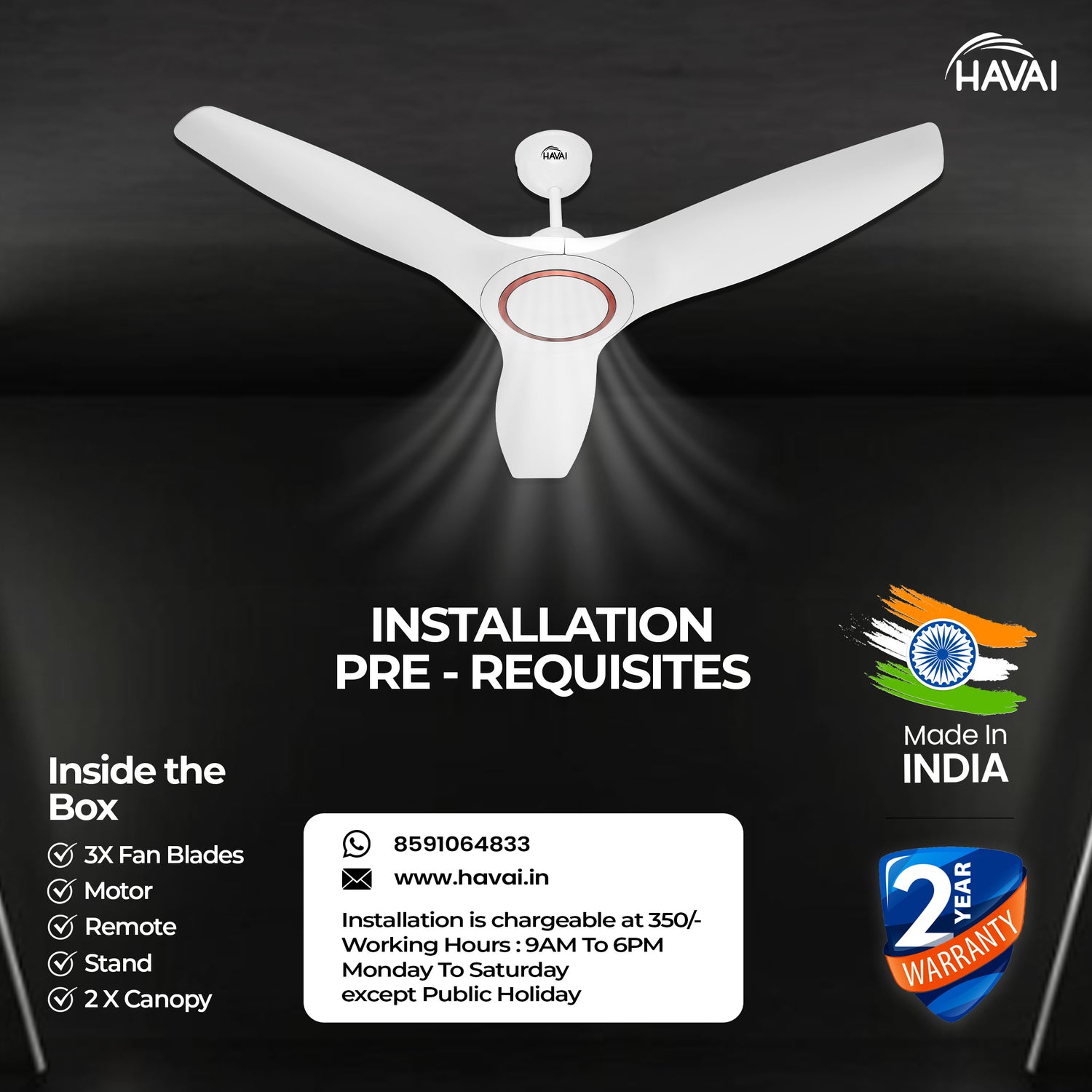 HAVAI Pristine Neo ABS Blade Ceiling Fan | 1200mm, 3 Blades, 27W | Remote Control | 2 Year Warranty | Pearl White