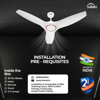 HAVAI Pristine Neo ABS Blade Ceiling Fan | 1200mm, 3 Blades, 27W | Remote Control | 2 Year Warranty | Pearl White