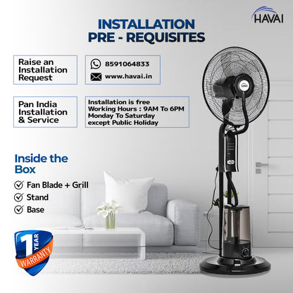 HAVAI RED 18&quot; BLDC Mist Pedestal Fan – High-Speed, Remote &amp; Touch Control, 3.2L Tank, 80W Power, 350 Sq Ft Coverage, Easy Install, Black (Copy)