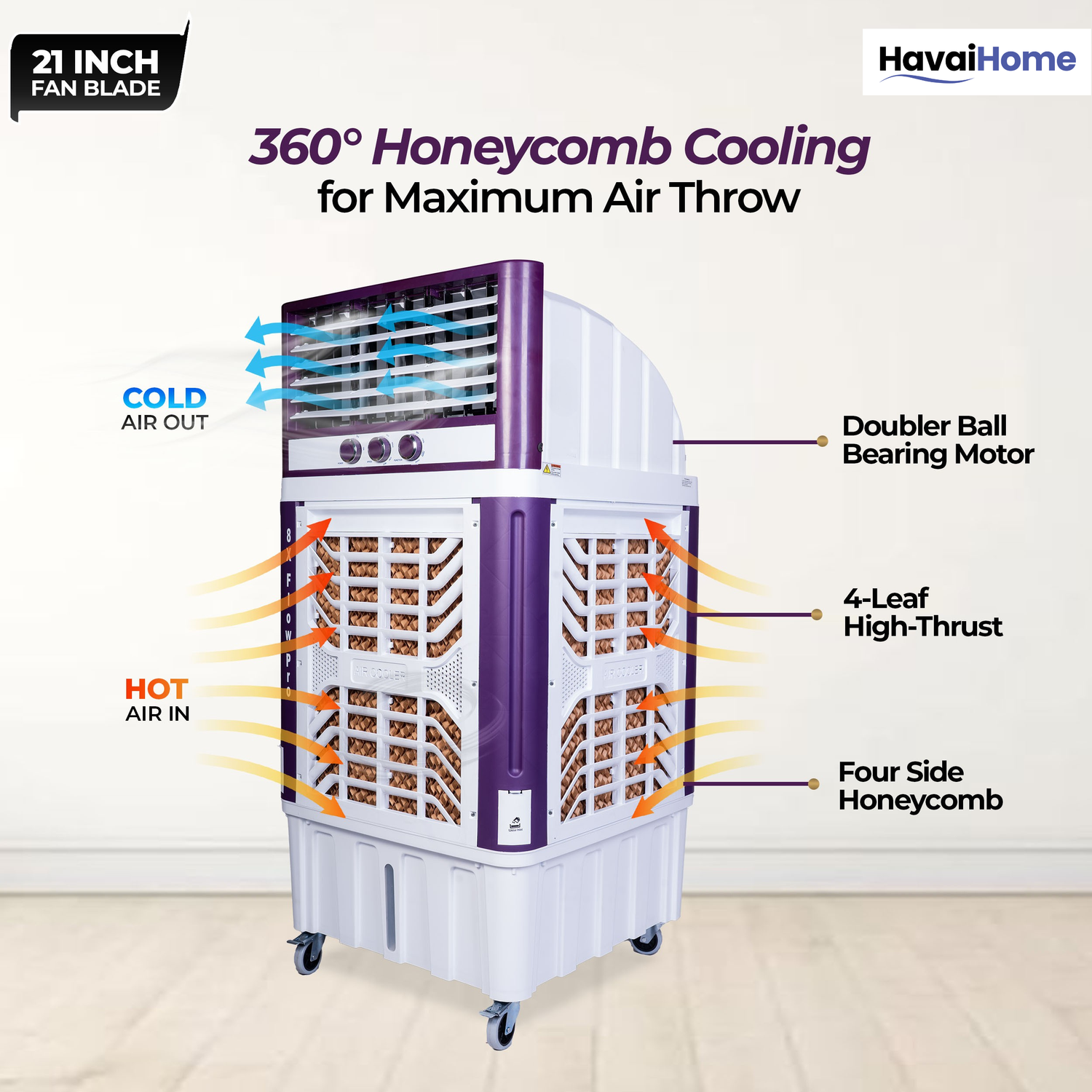 HAVAI 8X Flo Pro Plastic Body Duct Air Cooler | 100L Tank | 21” 4-Leaf Fan | 8500 m³/hr Airflow | 30 ft Air Throw | Double Ball Bearing Motor | 4-Side Honeycomb Cooling