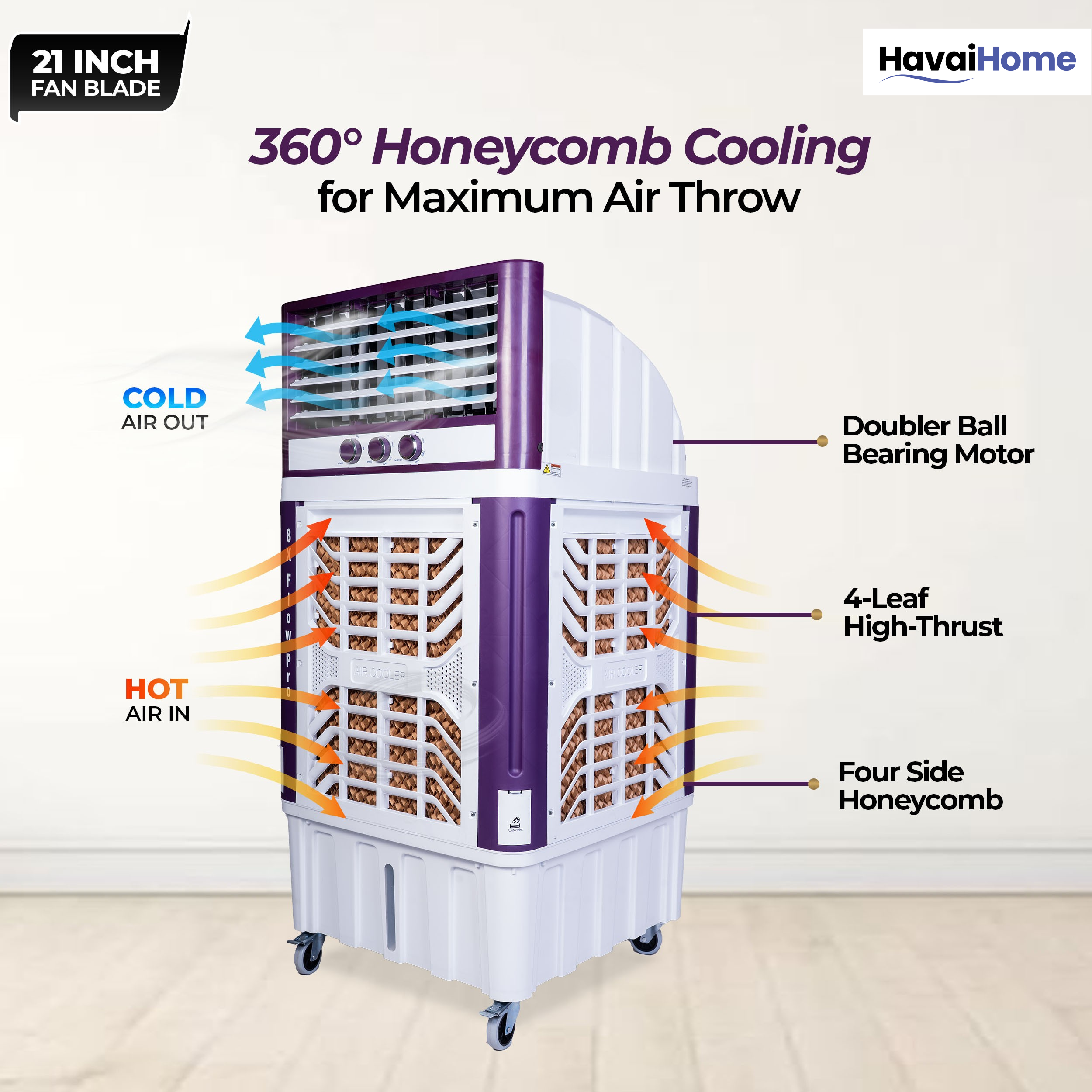 HAVAI 8X Flo Pro Plastic Body Duct Air Cooler | 100L Tank | 21” 4-Leaf Fan | 8500 m³/hr Airflow | 30 ft Air Throw | Double Ball Bearing Motor | 4-Side Honeycomb Cooling