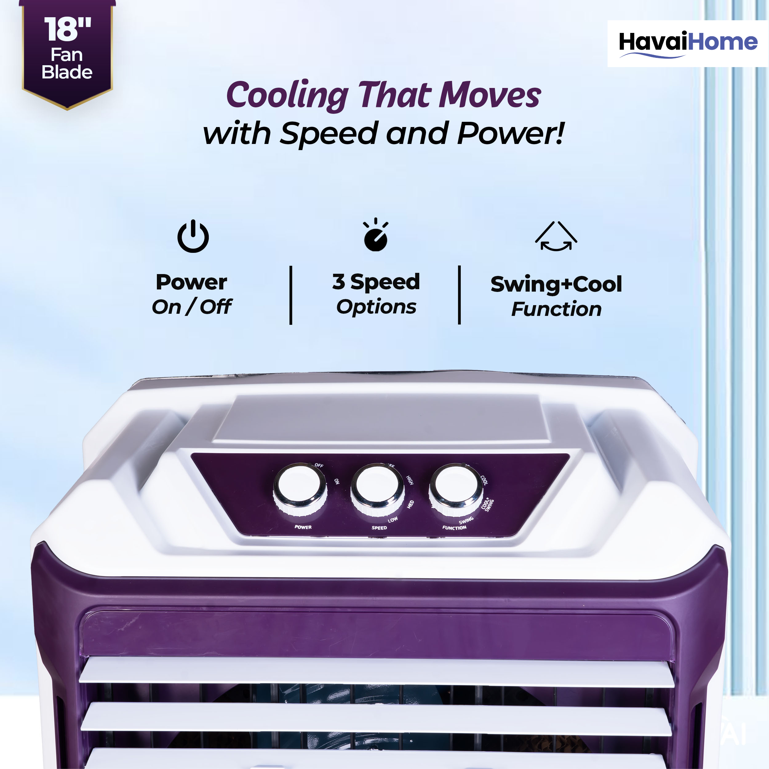 HAVAI Arizona 18 High Airflow Desert Cooler | 18” Metal Fan | 100L Tank | 3500 m³/hr Air Delivery | 30 ft Air Throw | 3-Side Thick Honeycomb Pads | Double Bearing Low-Noise Motor | Castor Wheels | 1-Year On-Site Warranty