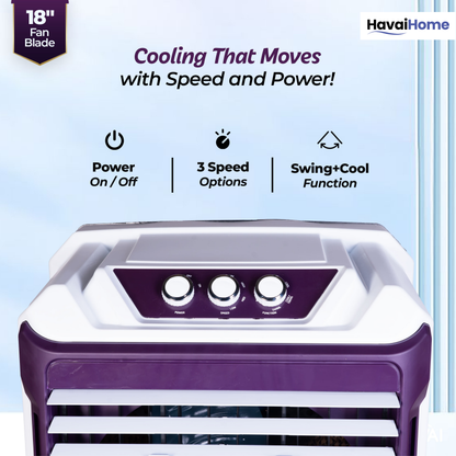HAVAI Arizona 18 High Airflow Desert Cooler | 18” Metal Fan | 100L Tank | 3500 m³/hr Air Delivery | 30 ft Air Throw | 3-Side Thick Honeycomb Pads | Double Bearing Low-Noise Motor | Castor Wheels | 1-Year On-Site Warranty