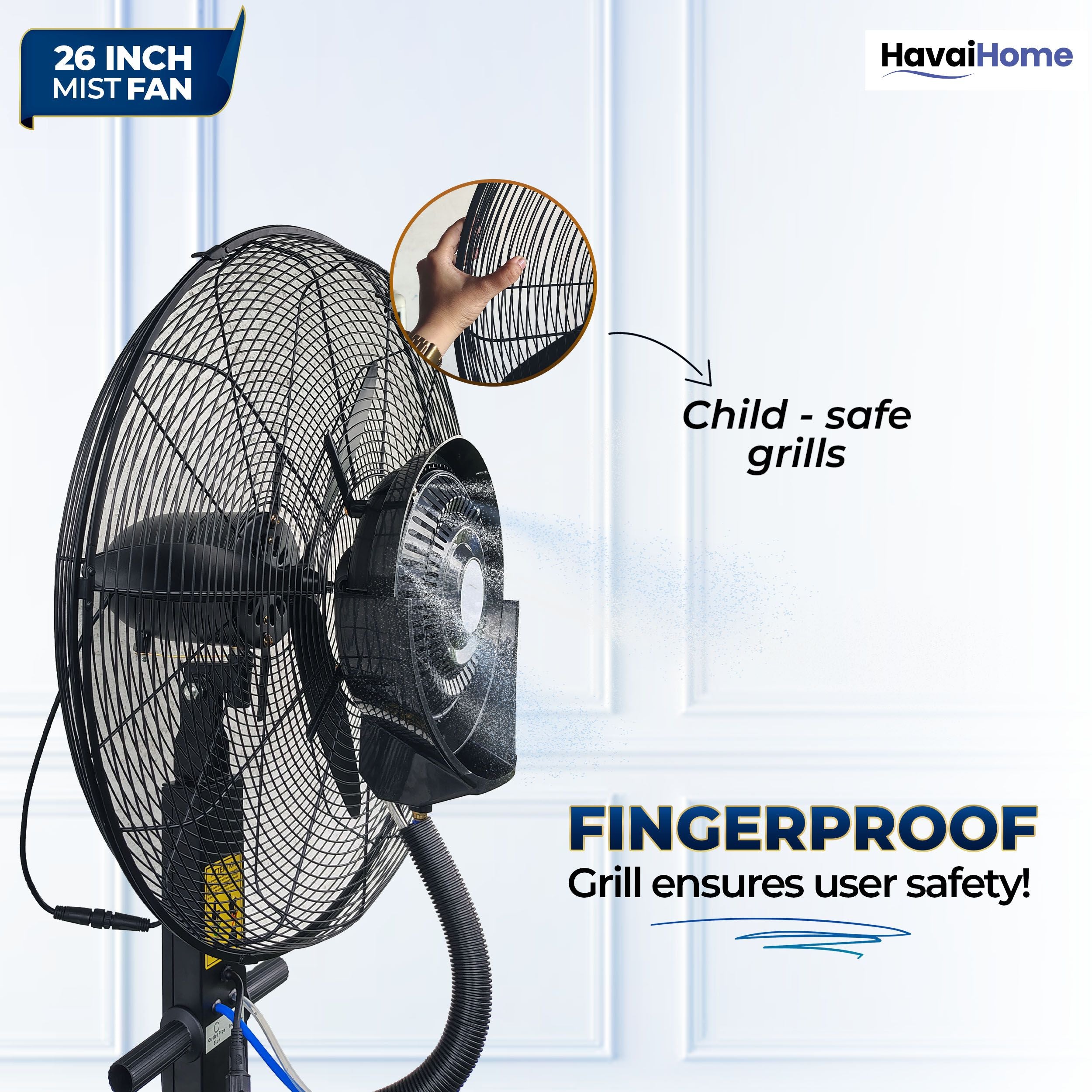 26″ Commercial Mist Fan, 260W Copper Motor | 10m Spray | Manual Mist Control | Aluminium Blade | Finger-Proof Grill | 41L Tank | Fixed 6ft Height | 48-Hour Installation &amp; 1-Year Warranty