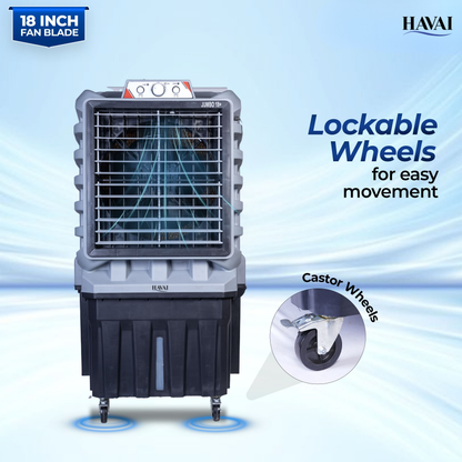 HAVAI Jumbo 18+ Massey Desert Cooler | 150L | 18-Inch Fan | Heavy-Duty 41mm Motor | 3-Side Honeycomb Pads | Auto Swing | Castor Wheels | 230V, 280W | White &amp; Grey