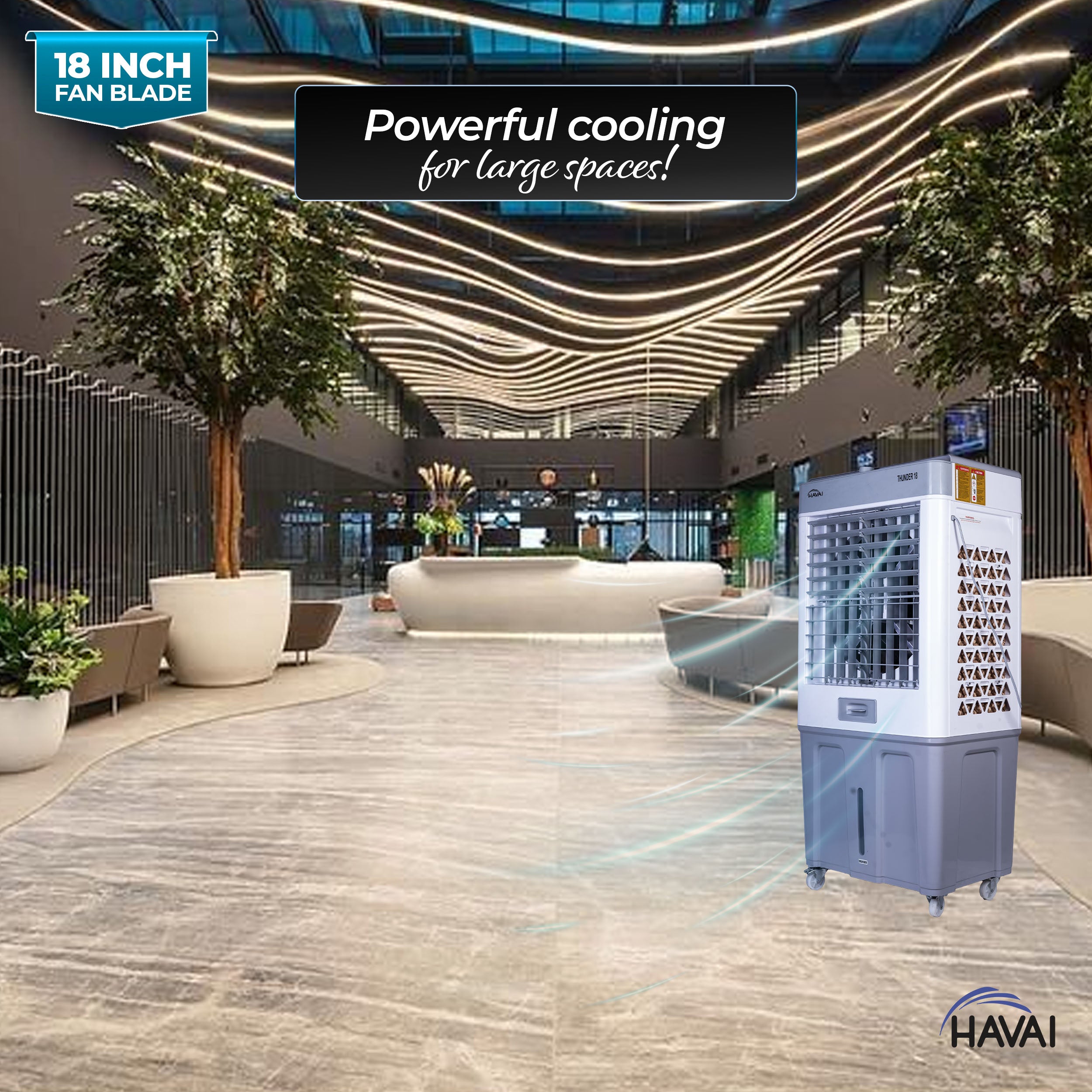 HAVAI Thunder 18 Desert Cooler | 18” Heavy-Duty Aluminium Fan Blade | 110 Dia 35mm Powerful Motor | Auto Swing | 3-Side Honeycomb Pads | 20 Ft Air Throw | 100L Tank | 1-Year Motor Warranty + Post-Warranty Support | White &amp; Grey