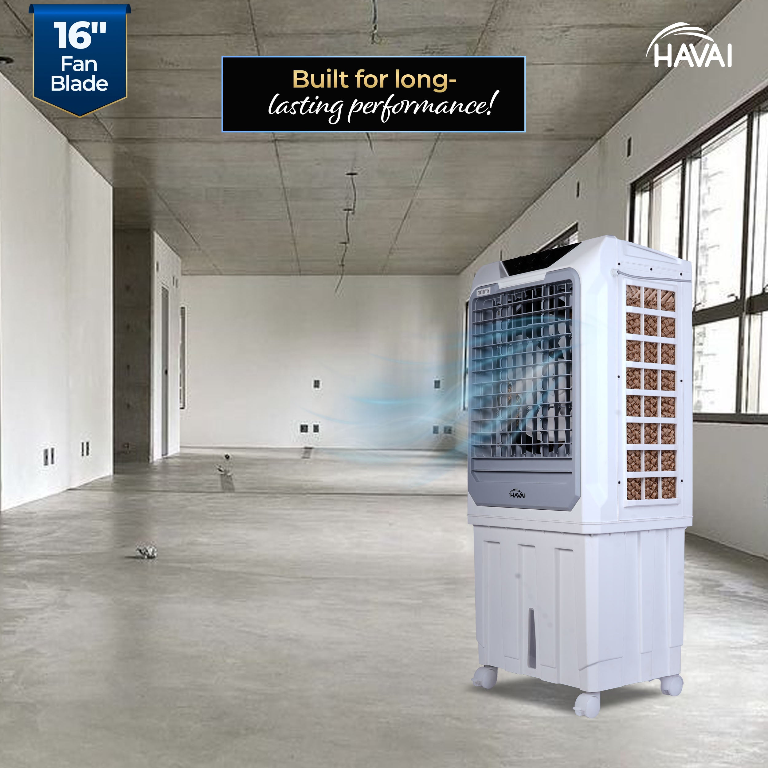 HAVAI Mighty 16 Desert Air Cooler | 16 Inch Special Bent-Edge Blade, 100L Tank, 5190 m³/hr Air Delivery | Covers 350 Sq Ft | Honeycomb Pads, Aluminium Motor, Closed Louvers, Wheels | White &amp; Grey